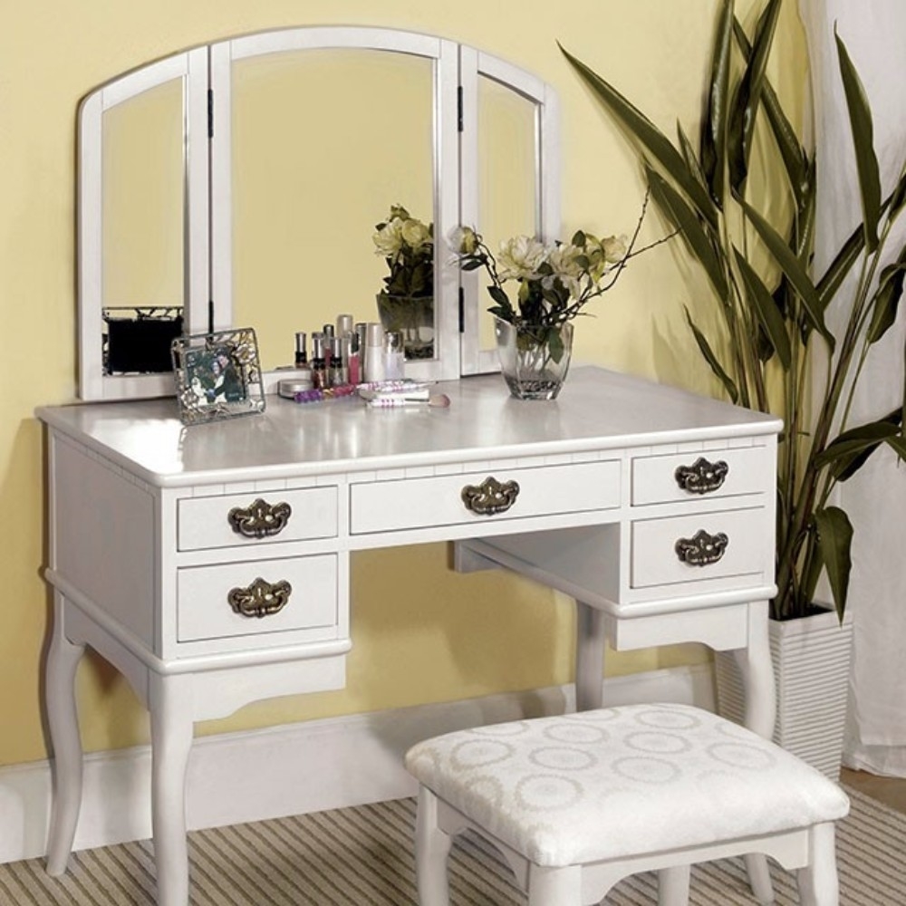 Elegant Traditional Vanity Table With Multiple Drawers And A Stool, White Finish- Saltoro Sherpi