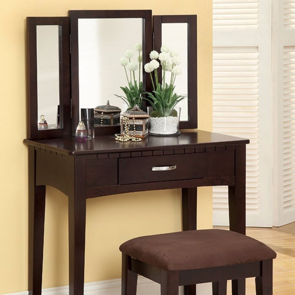Simply Awesome Transitional Vanity Table With A Stool, Espresso Finish- Saltoro Sherpi