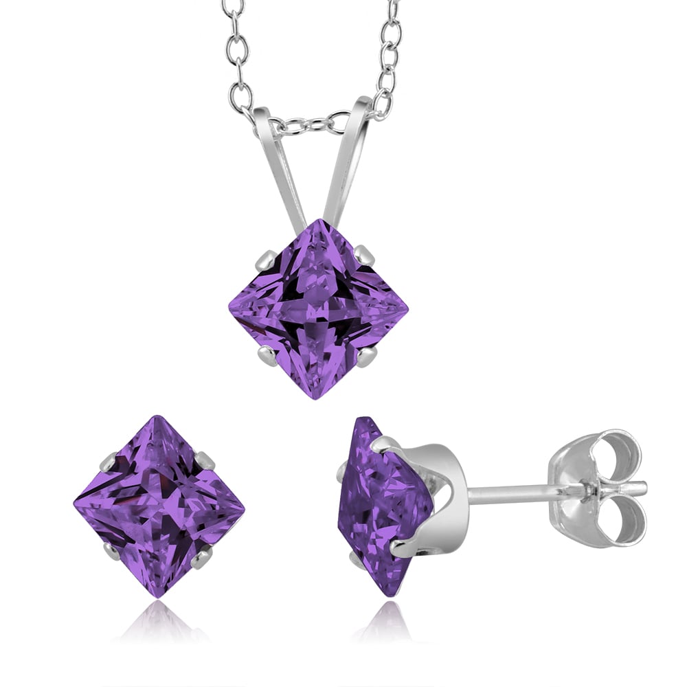 Amethyst Birthstone Square Earring And Necklace Set
