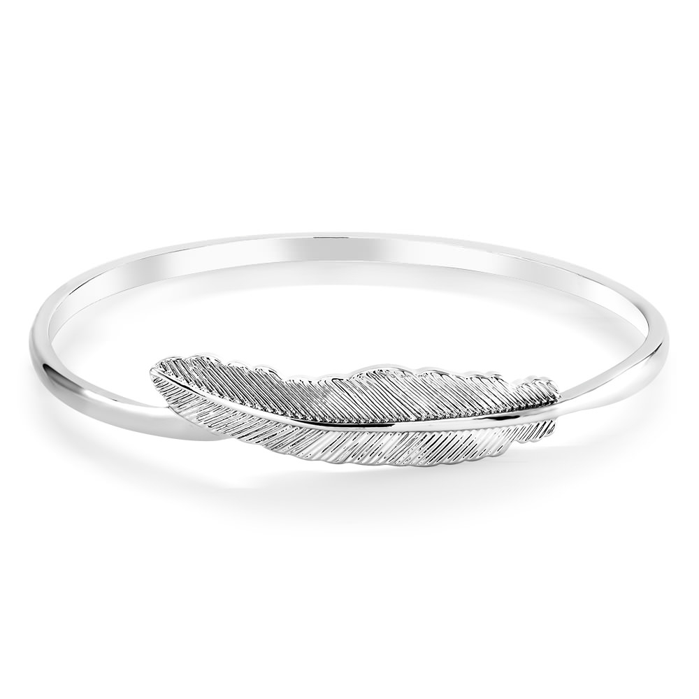 White Gold Feather Comfort Fit Bangle