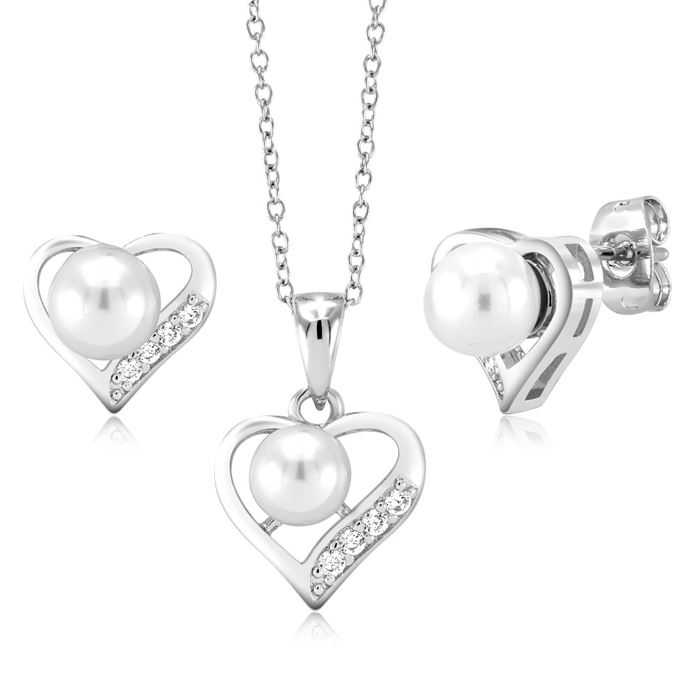 Cubic Zirconia Pearl Earring And Necklace Set