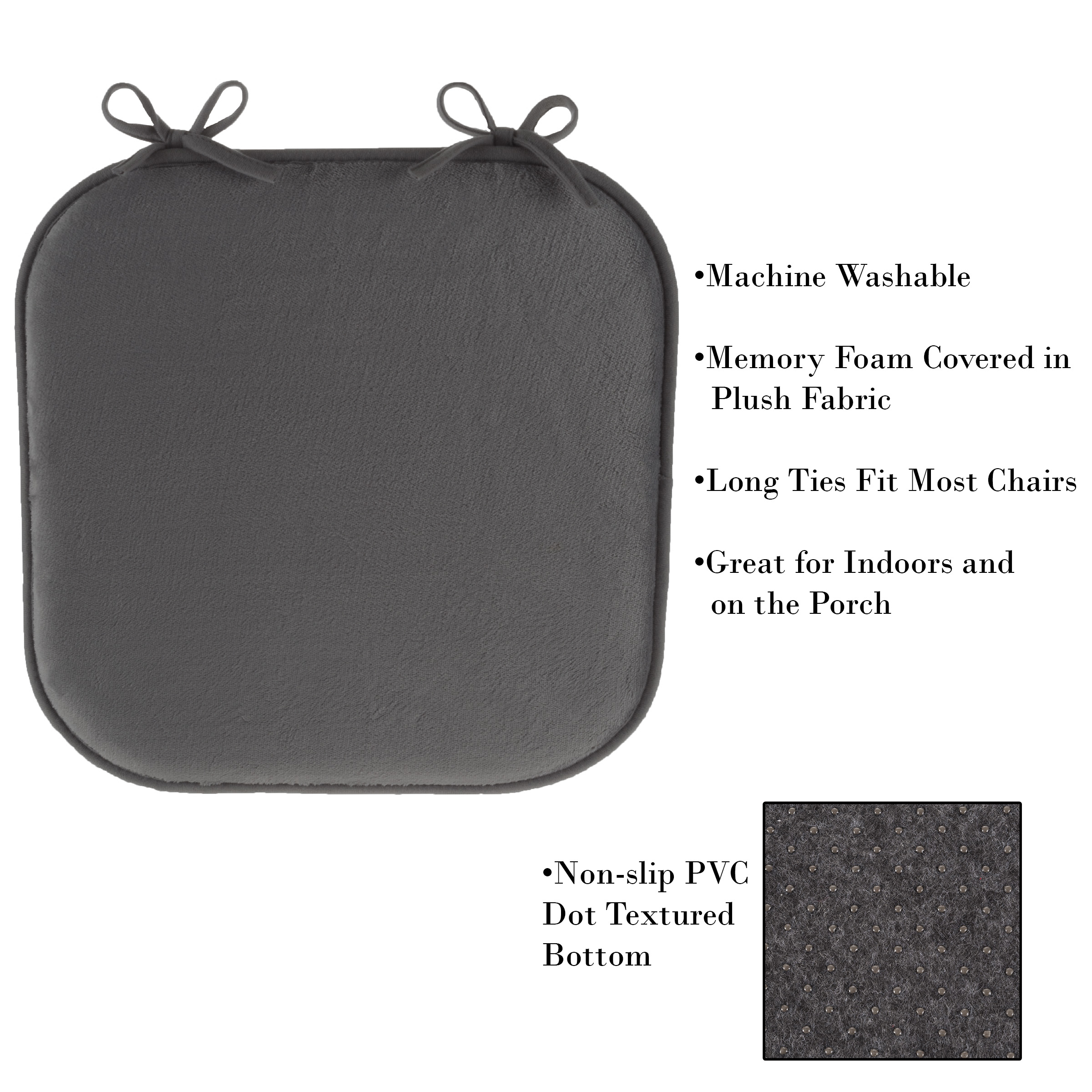 Memory Foam 16 X 16 Plush Chair Cover Cushion With Ties 1 Inch Thick Comfy Non Slip Charcoal
