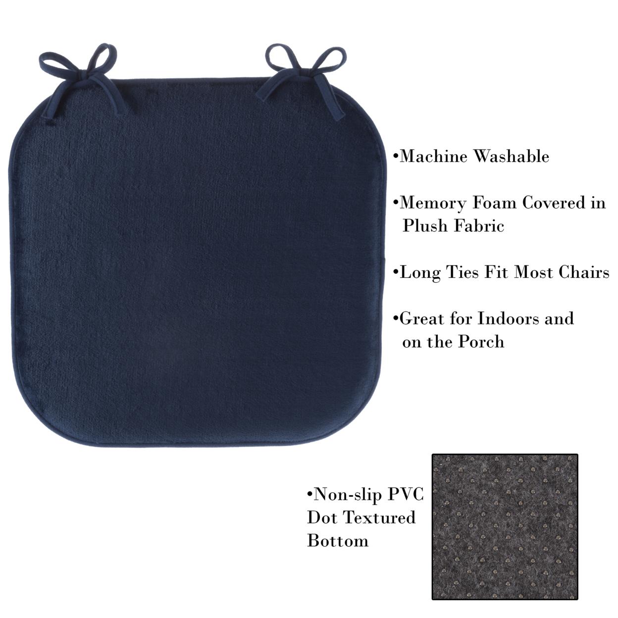 Memory Foam 16 X 16 Plush Chair Cover Cushion With Ties 1 Inch Thick Comfy Non Slip Navy