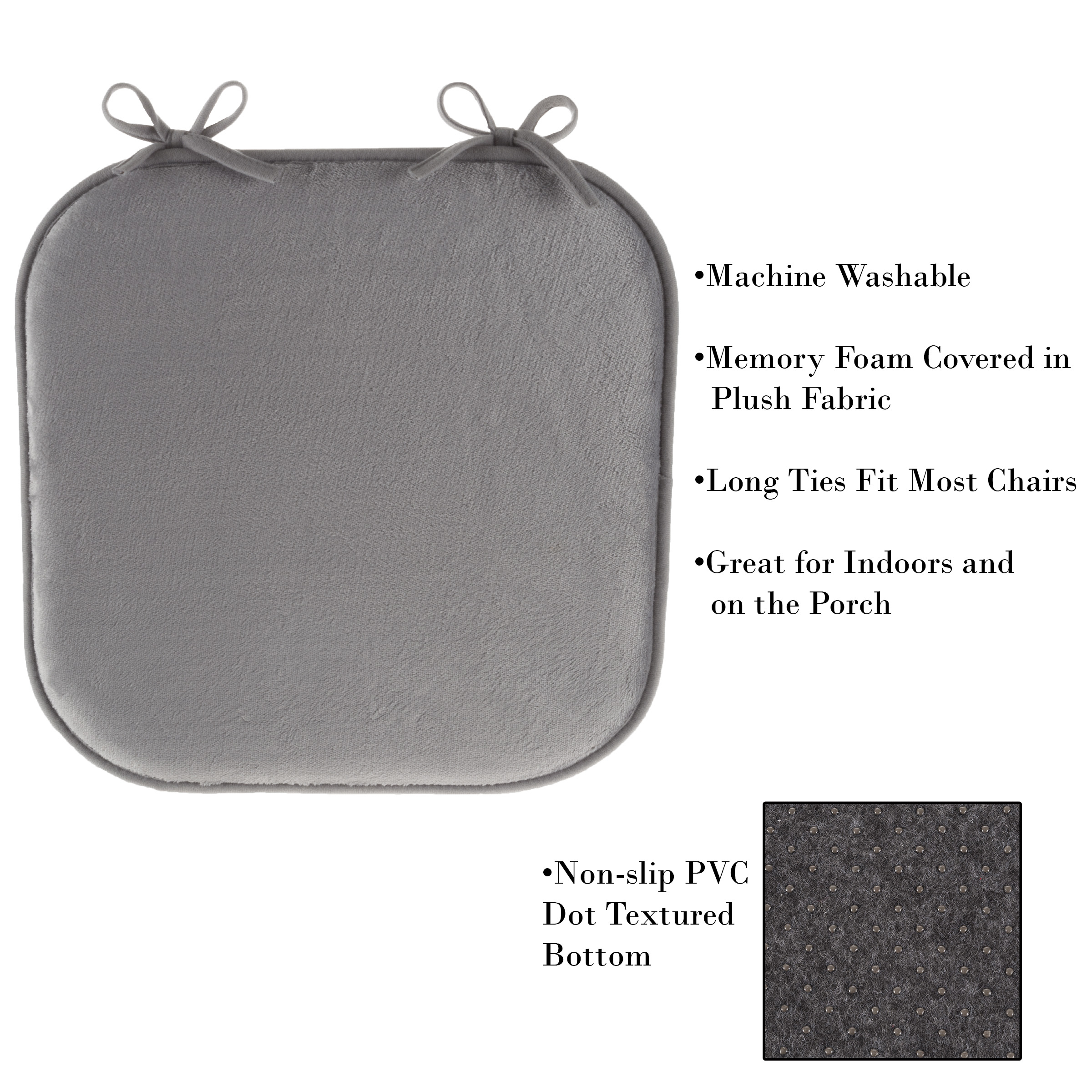 Memory Foam 16 X 16 Plush Chair Cover Cushion With Ties 1 Inch Thick Comfy Non Slip Gray