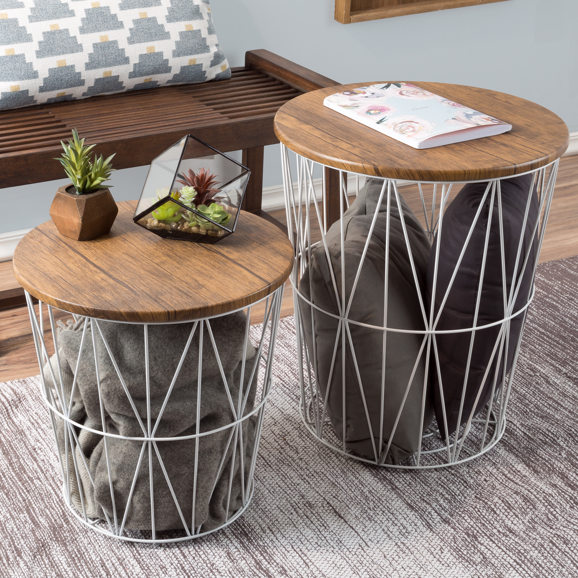 Nesting End Tables Metal Basket Wooden Top 20 And 15 In Multi-Use Furniture