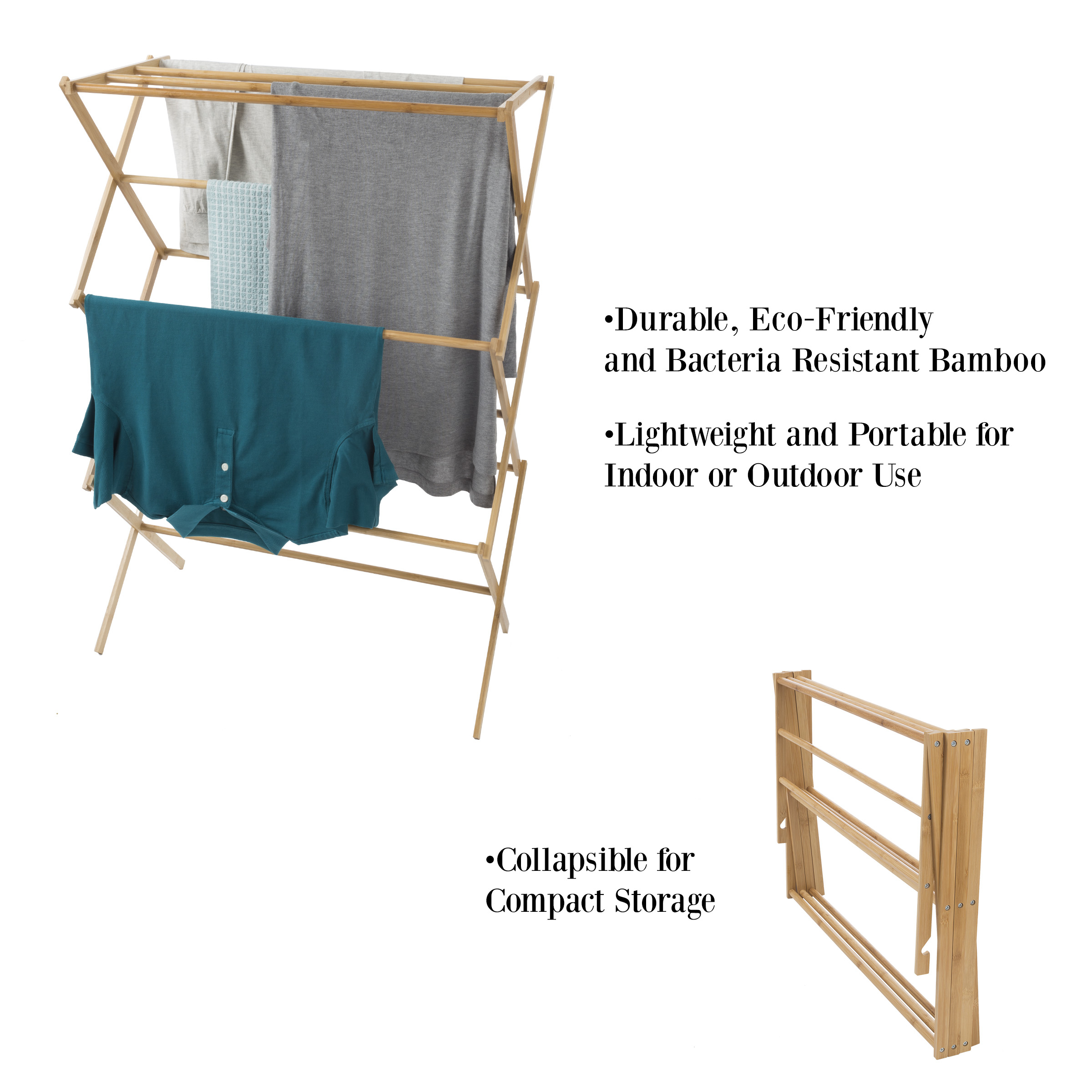 Bamboo Collapsible Clothes Drying Rack Air Drying Laundry Hang Delicates Towels