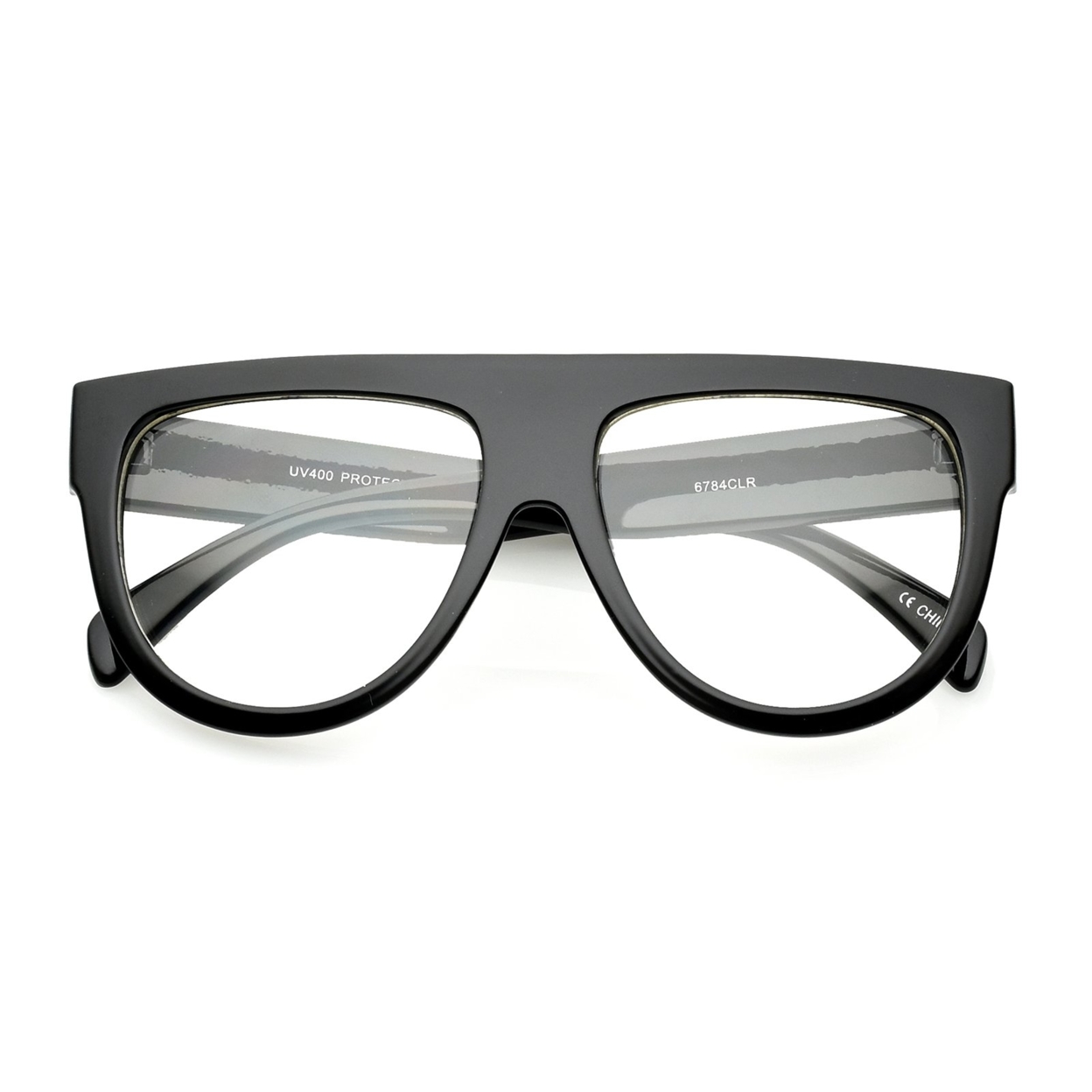 Oversize Horn Rim Wide Temple Flat Top Clear Lens Aviator Eyeglasses 145mm - Shiny Black / Clear