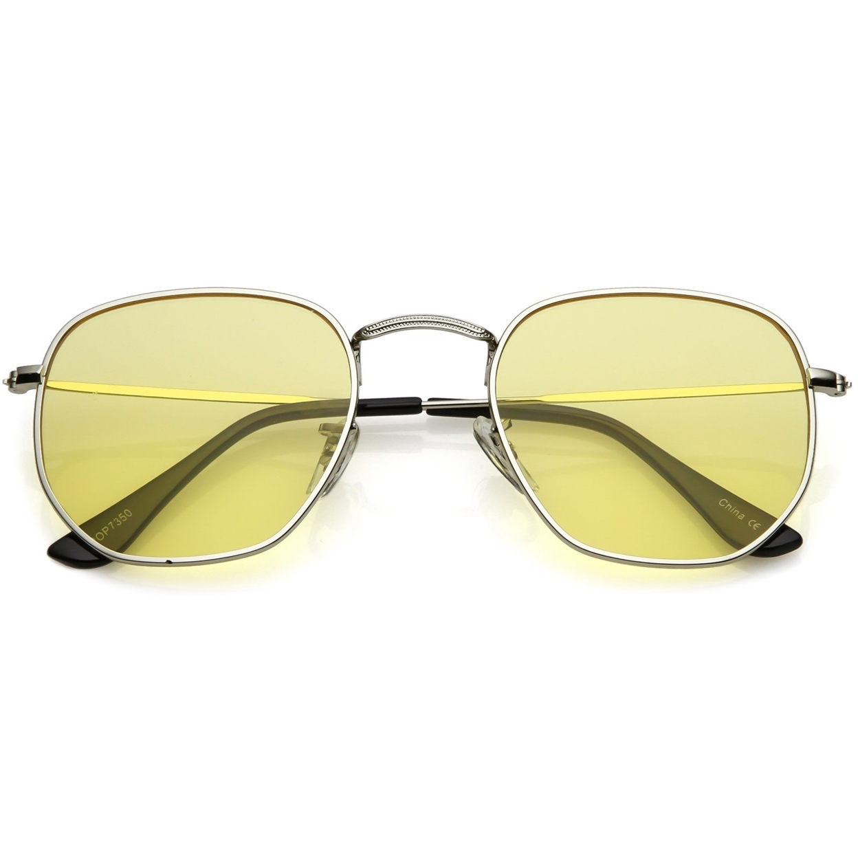 Modern Geometric Hexagonal Sunglasses Metal Slim Arms Colored Tinted Flat Lens 51mm - Silver / Clear