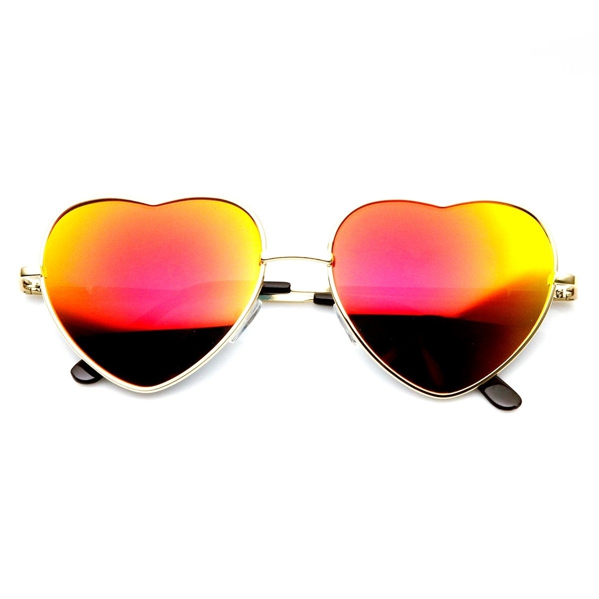 Womens Metal Thin Heart Shaped Color Mirrored Lens Sunglasses - Gold Sun