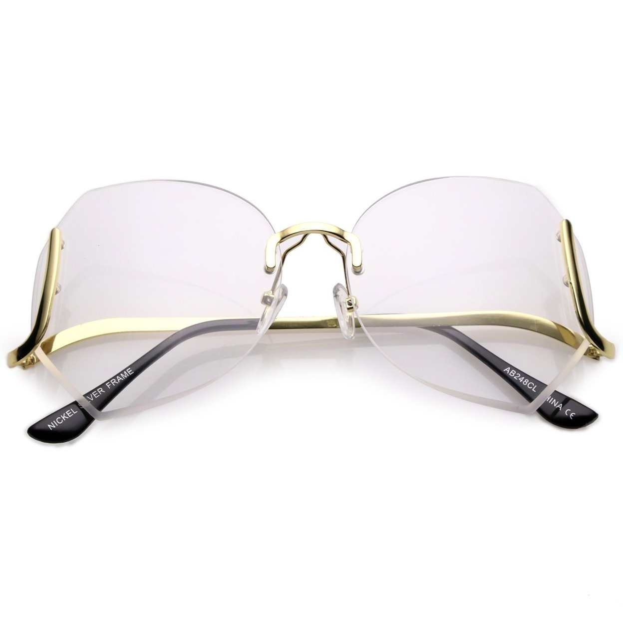 Oversize Beveled Butterfly Rimless Round Glasses Curved Metal Arms Clear Lens 60mm - Gold / Clear Tinted