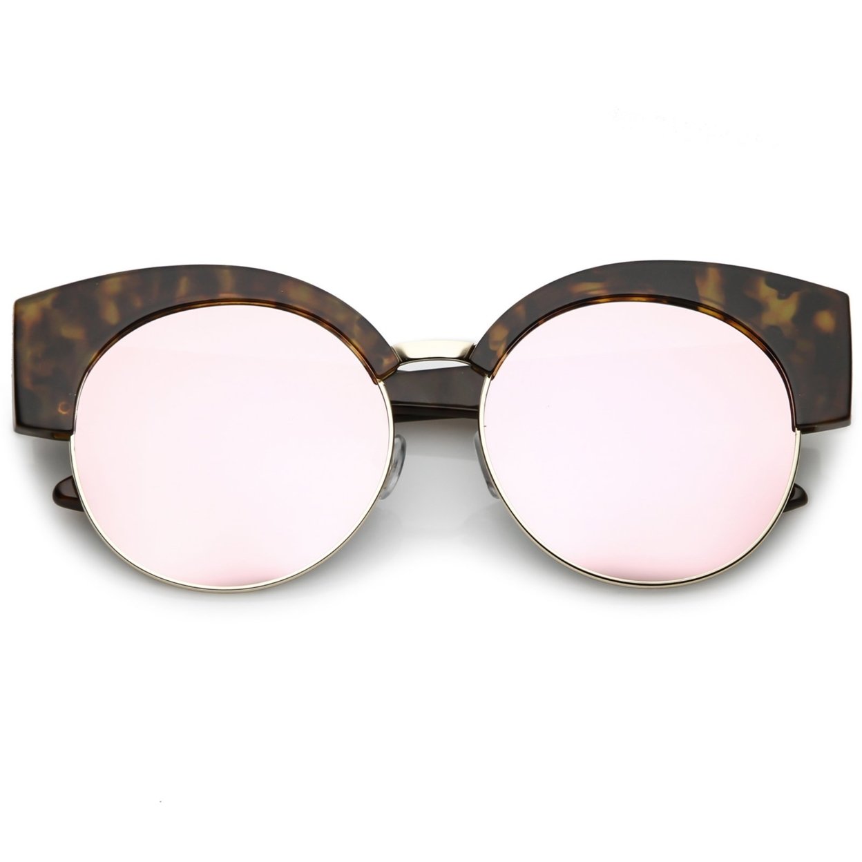 Women's Half Frame Oversize Cat Eye Sunglasses Round Mirrored Flat Lens 59mm - Tortoise Gold / Pink Mirror
