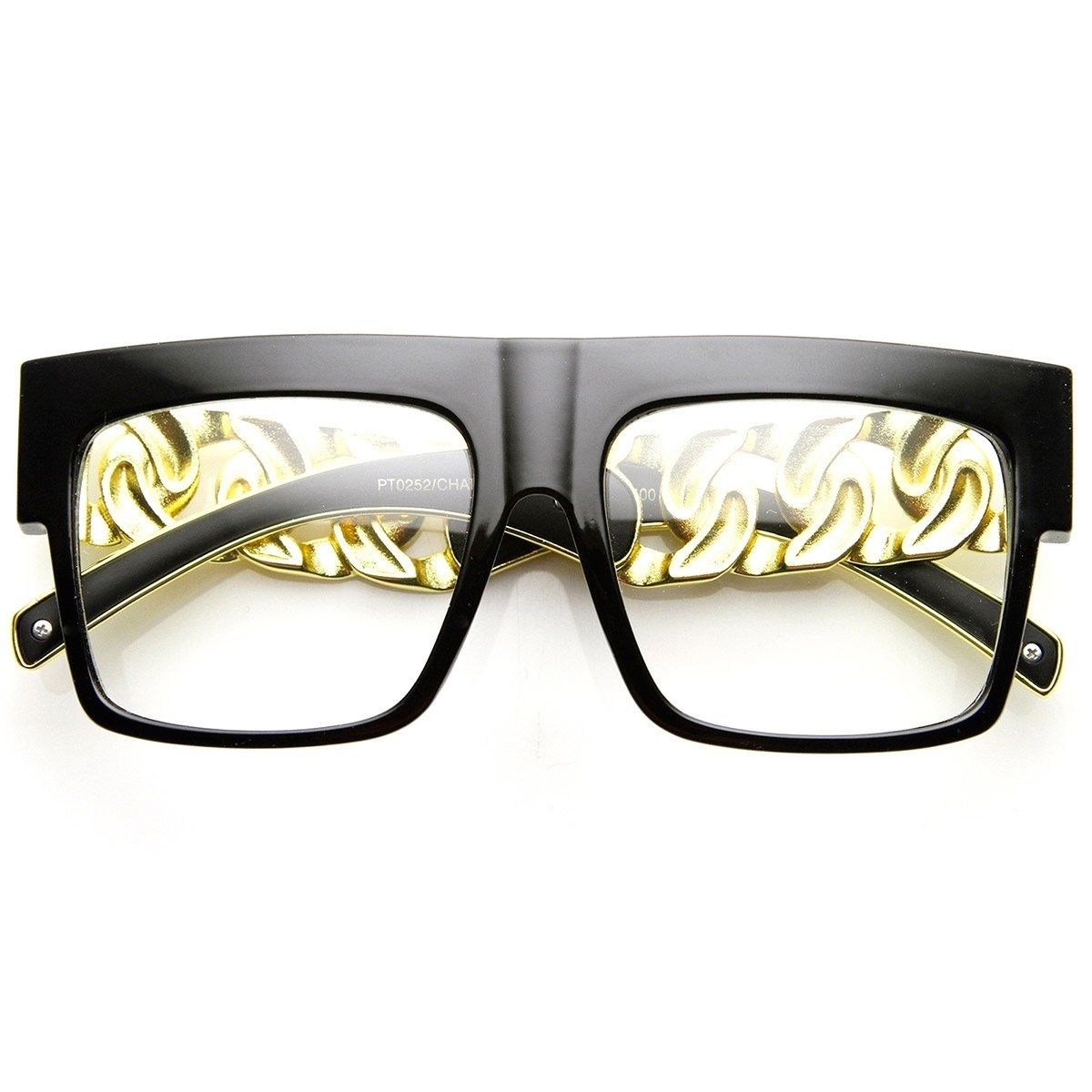 High Fashion Metal Chain Arm Clear Lens Flat Top Aviator Glasses - Tortoise Gold
