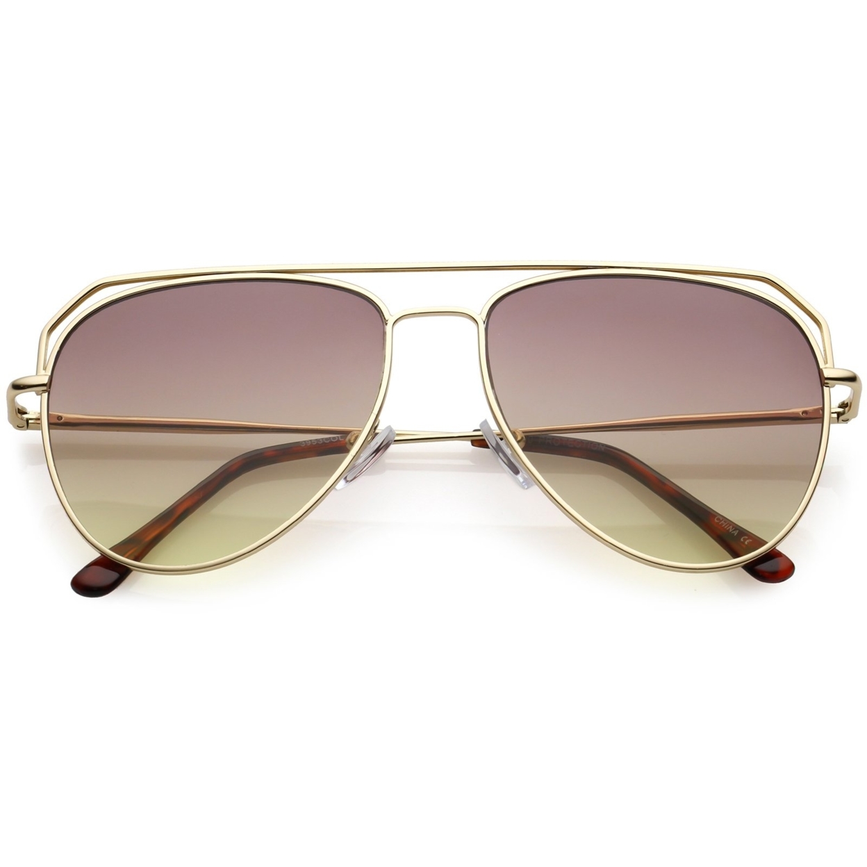 Modern Aviator Sunglasses Open Metal Double Crossbar Gradient Flat Lens 55mm - Gold / Pink Purple