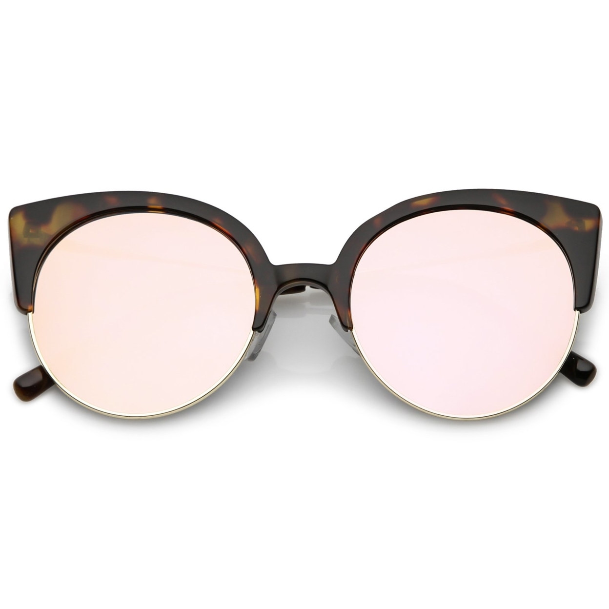 Women's Half Frame Cat Eye Sunglasses Ultra Slim Arms Mirrored Round Flat Lens 53mm - Black Gold / Purple Mirror