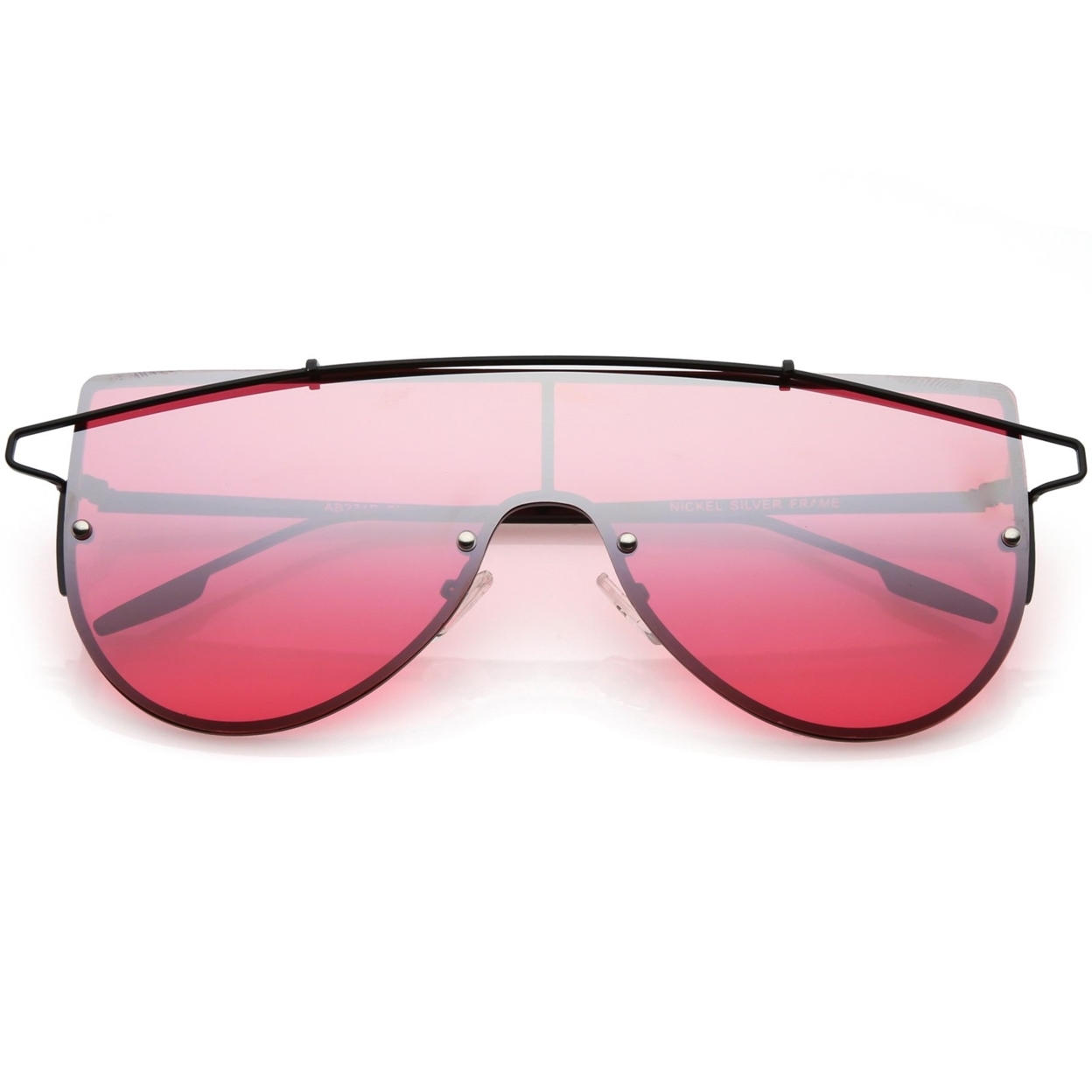 Futuristic Rimless Shield Sunglasses Metal Crossbar Colored Mono Lens 64mm - Gold / Pink