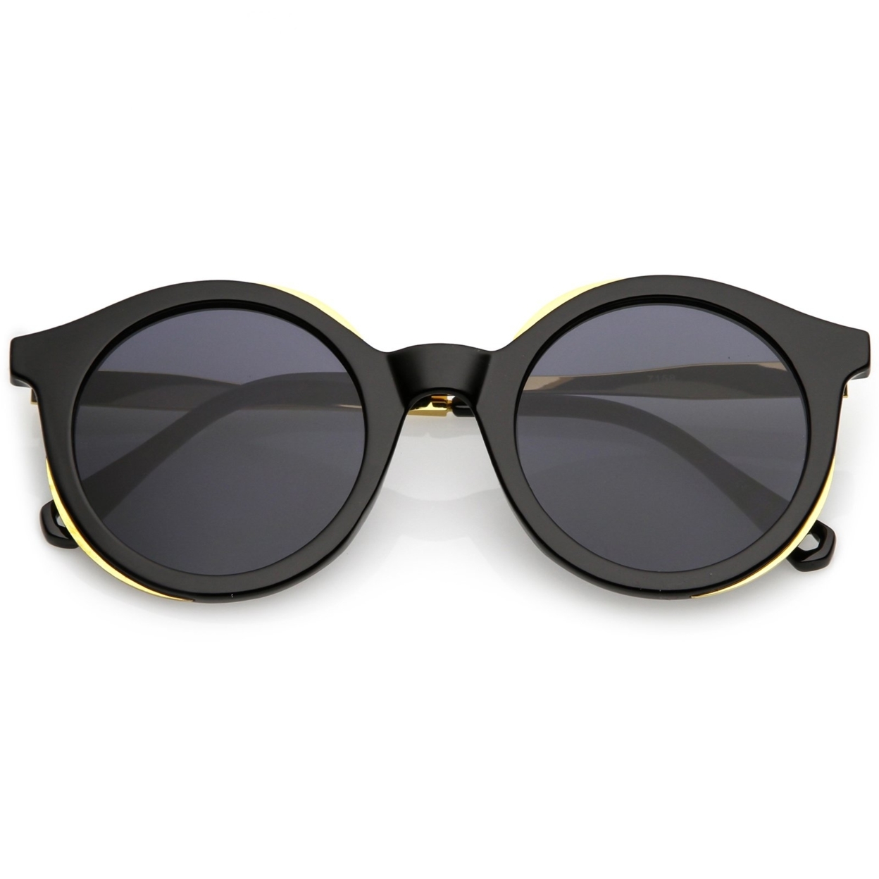 Modern Horn Rimmed Round Sunglasses With Metal Trim Round Flat Lens 51mm - Black Gold / Smoke