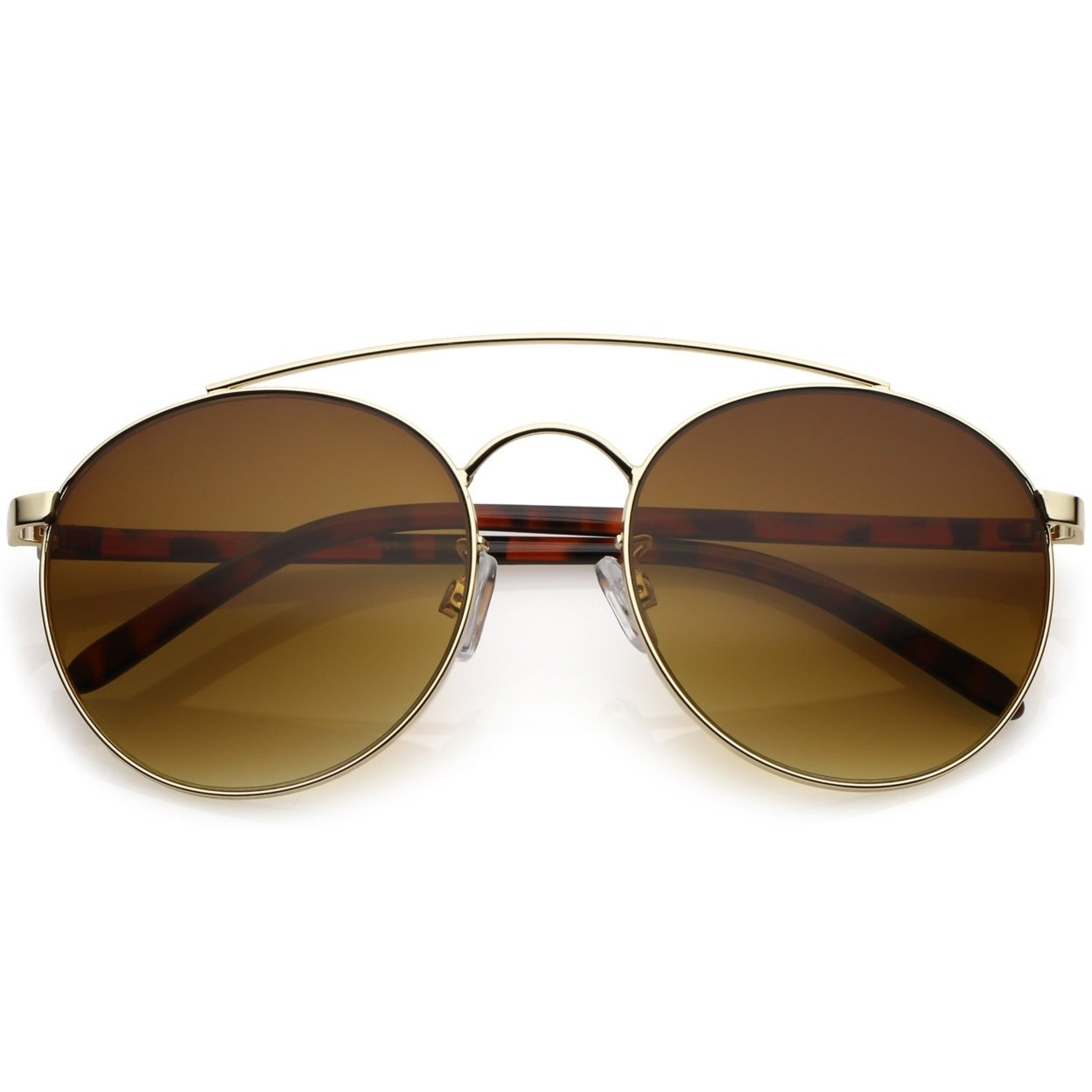 Modern Round Aviator Sunglasses Thick Arms Curved Double Crossbar 56mm - Gold / Amber