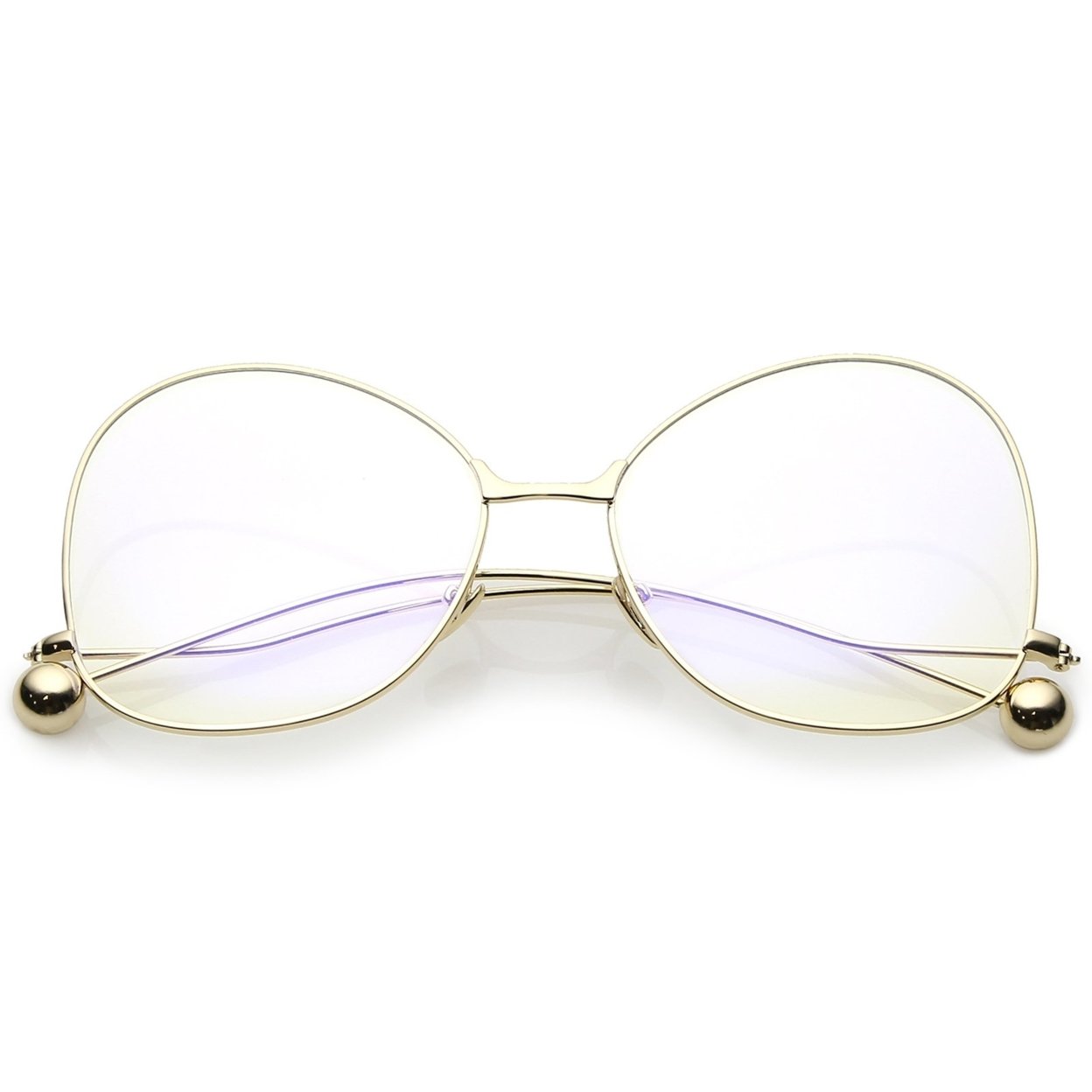 Oversize Butterfly Glasses With Clear Lenses And Thin Metal Arms With Ball Accents - Silver / Clear