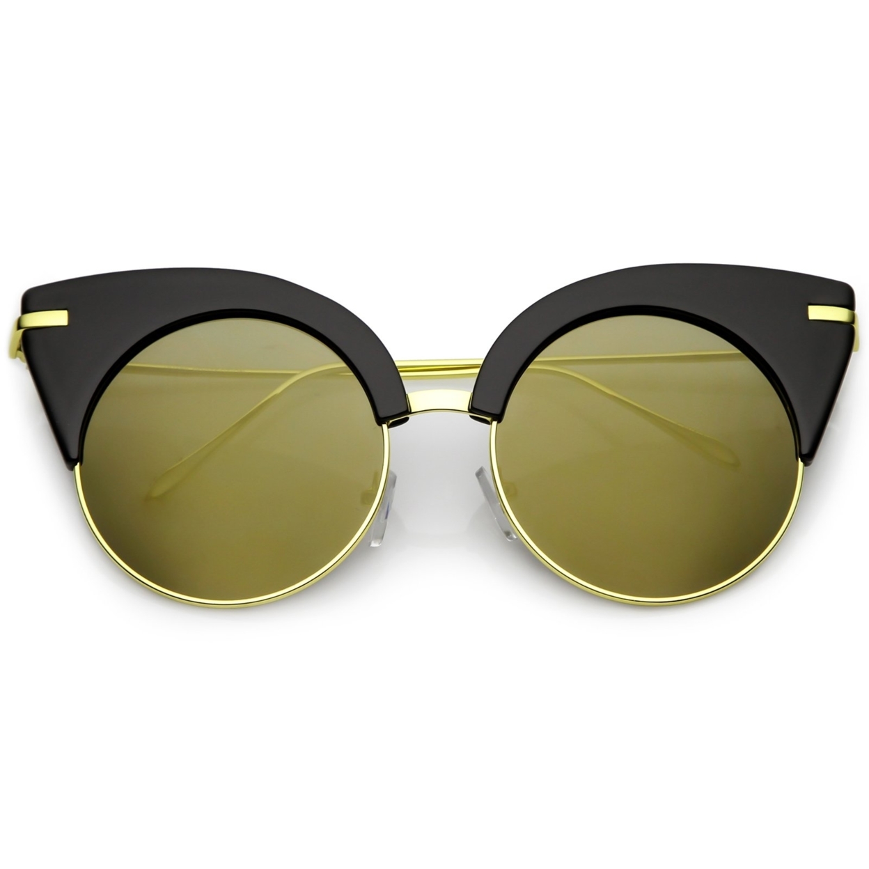 Oversize Half Frame Cat Eye Sunglasses Ultra Slim Arms Round Mirrored Flat Lens 54mm - Black Gold / Pink Mirror