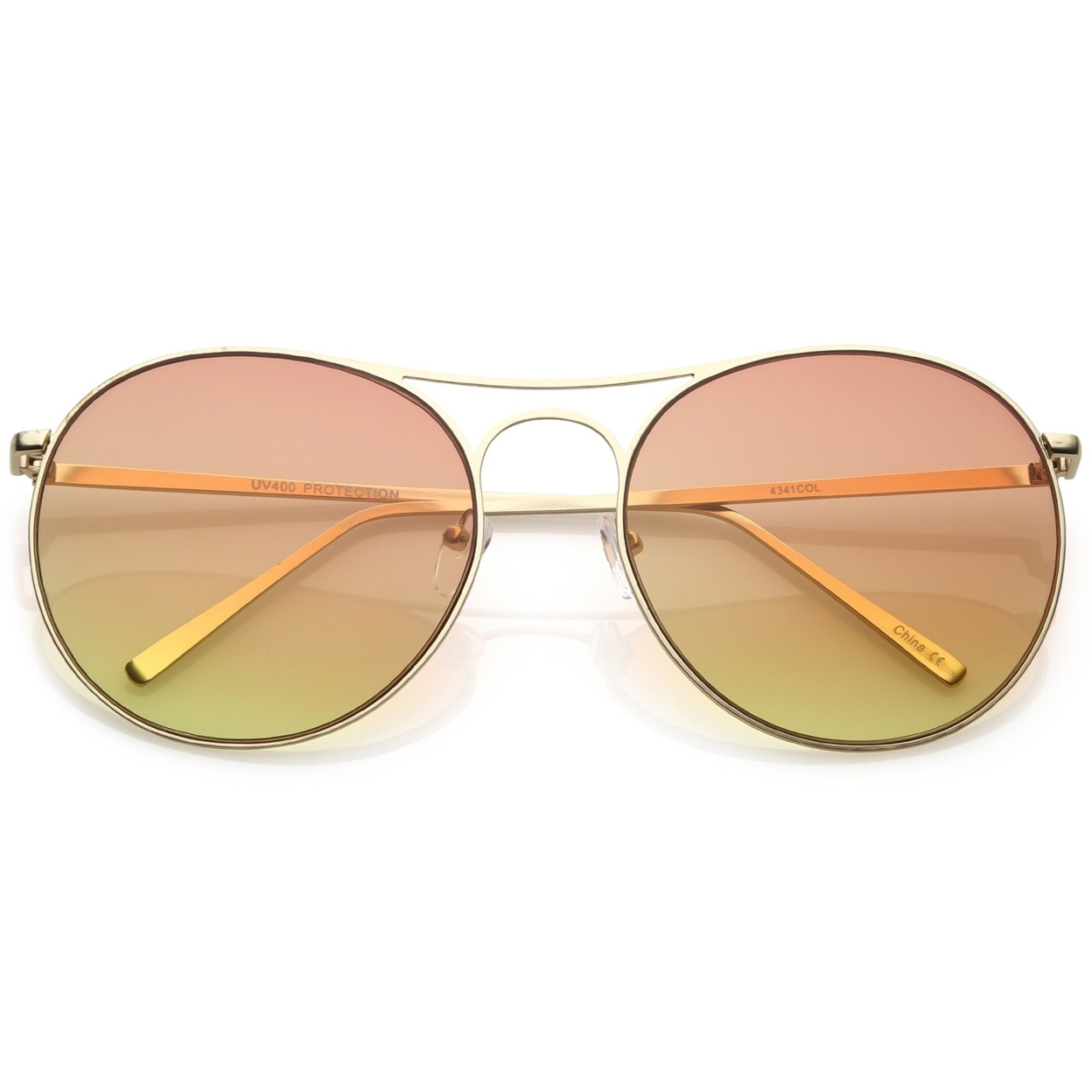 Oversize Metal Aviator Sunglasses Double Nose Bridge Round Gradient Flat Lens 65mm - Silver / Purple Pink