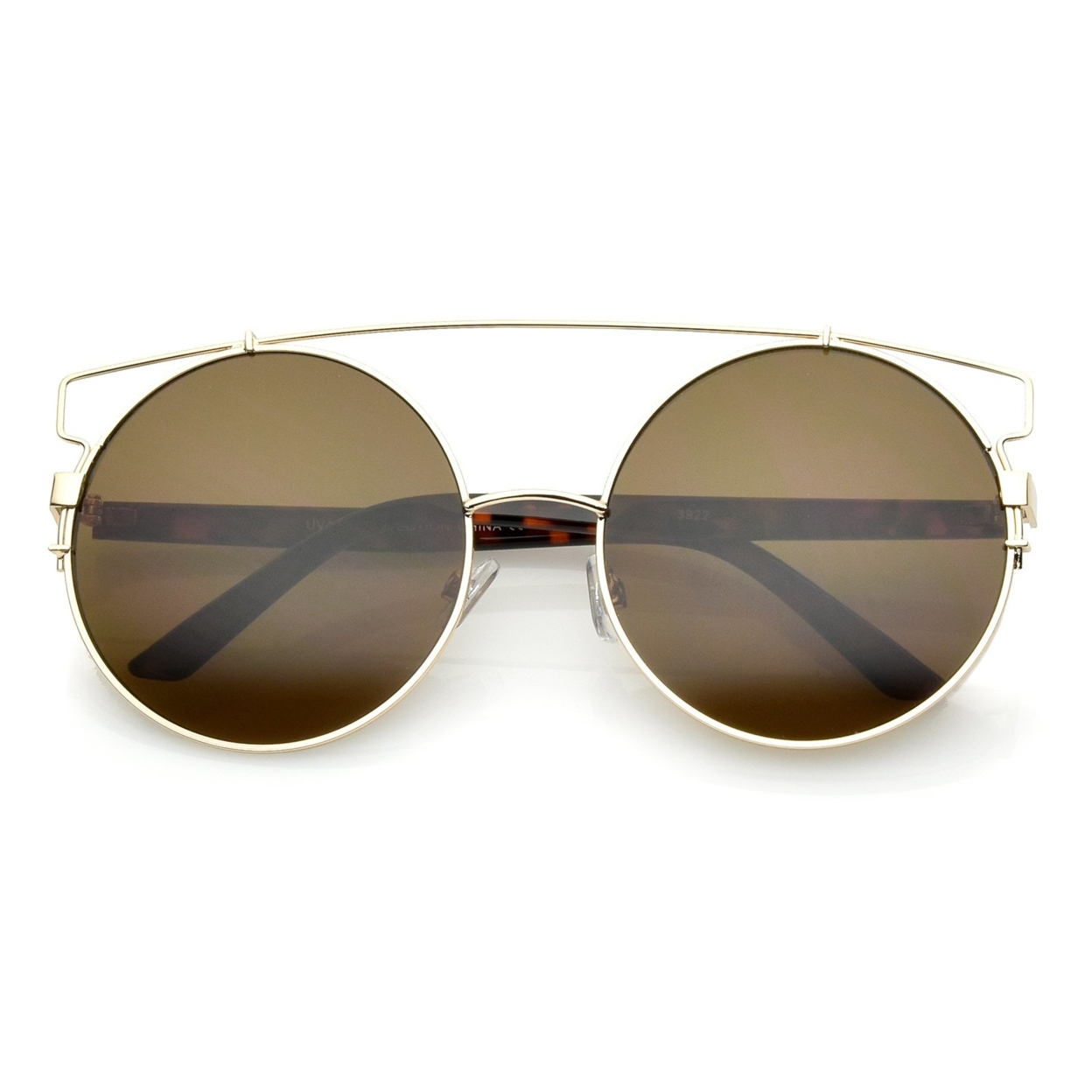 Oversize Open Metal Double Nose Bridge Round Flat Lens Aviator Sunglasses 53mm - Gold Tortoise / Green