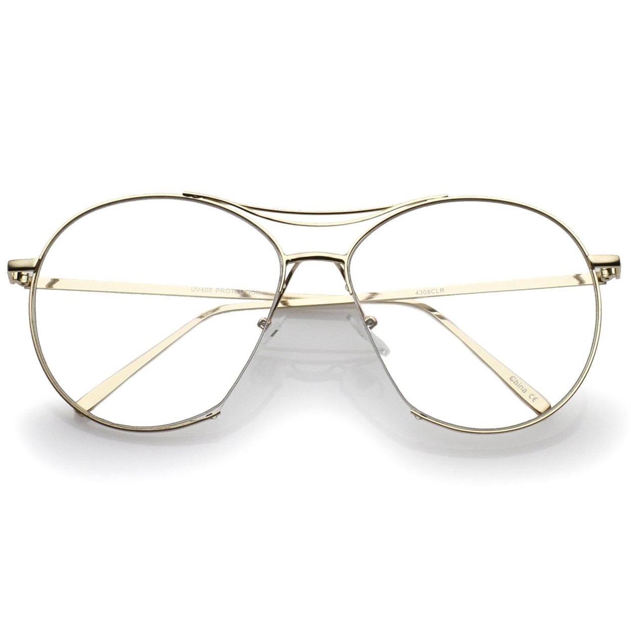 Oversize Semi-Rimless Brow Bar Round Clear Flat Lens Aviator Eyeglasses 59mm - Gold / Clear