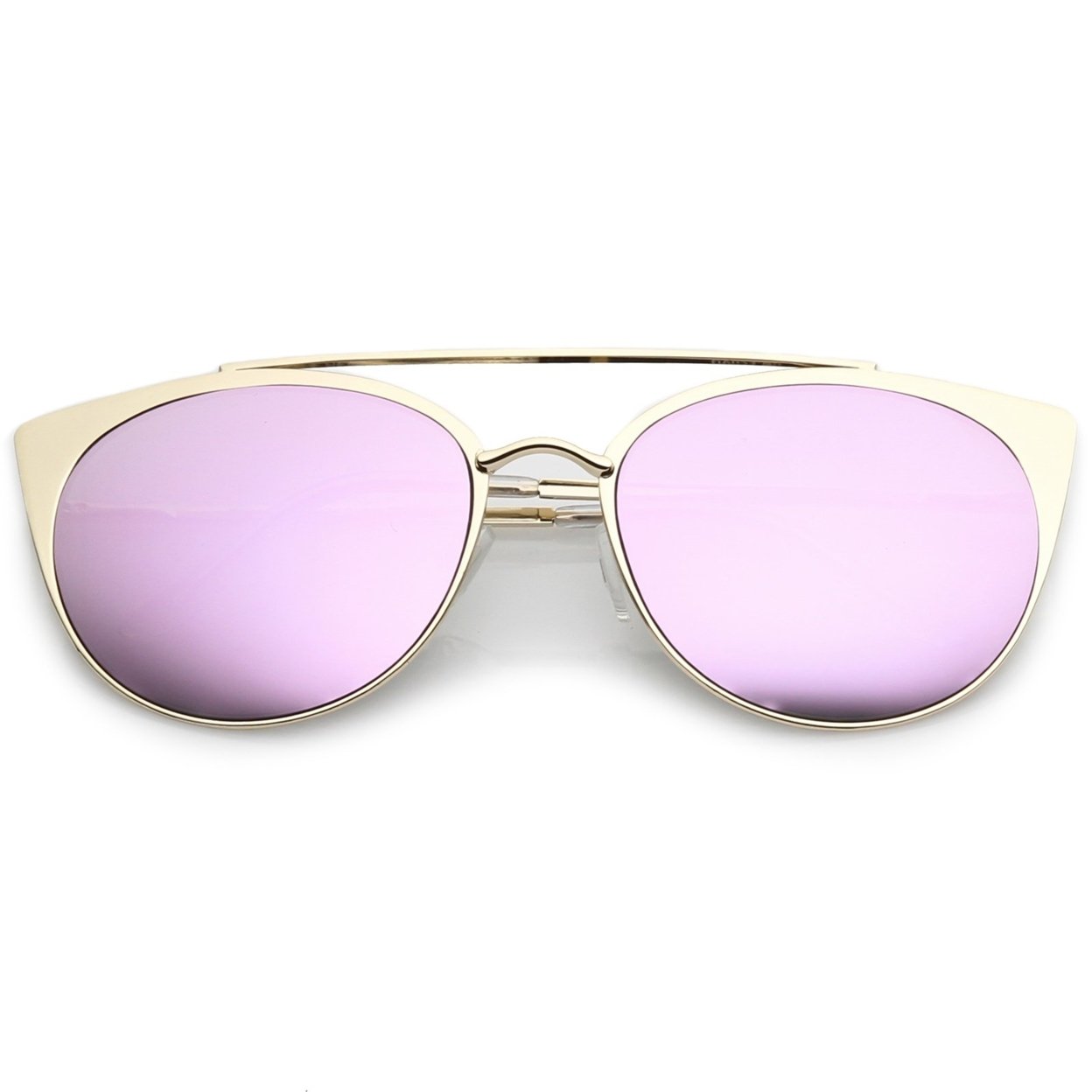 Premium Oversize Metal Cat Eye Sunglasses With Crossbar And Colored Mirror Flat Lens 58mm - Gold / Purple Mirror