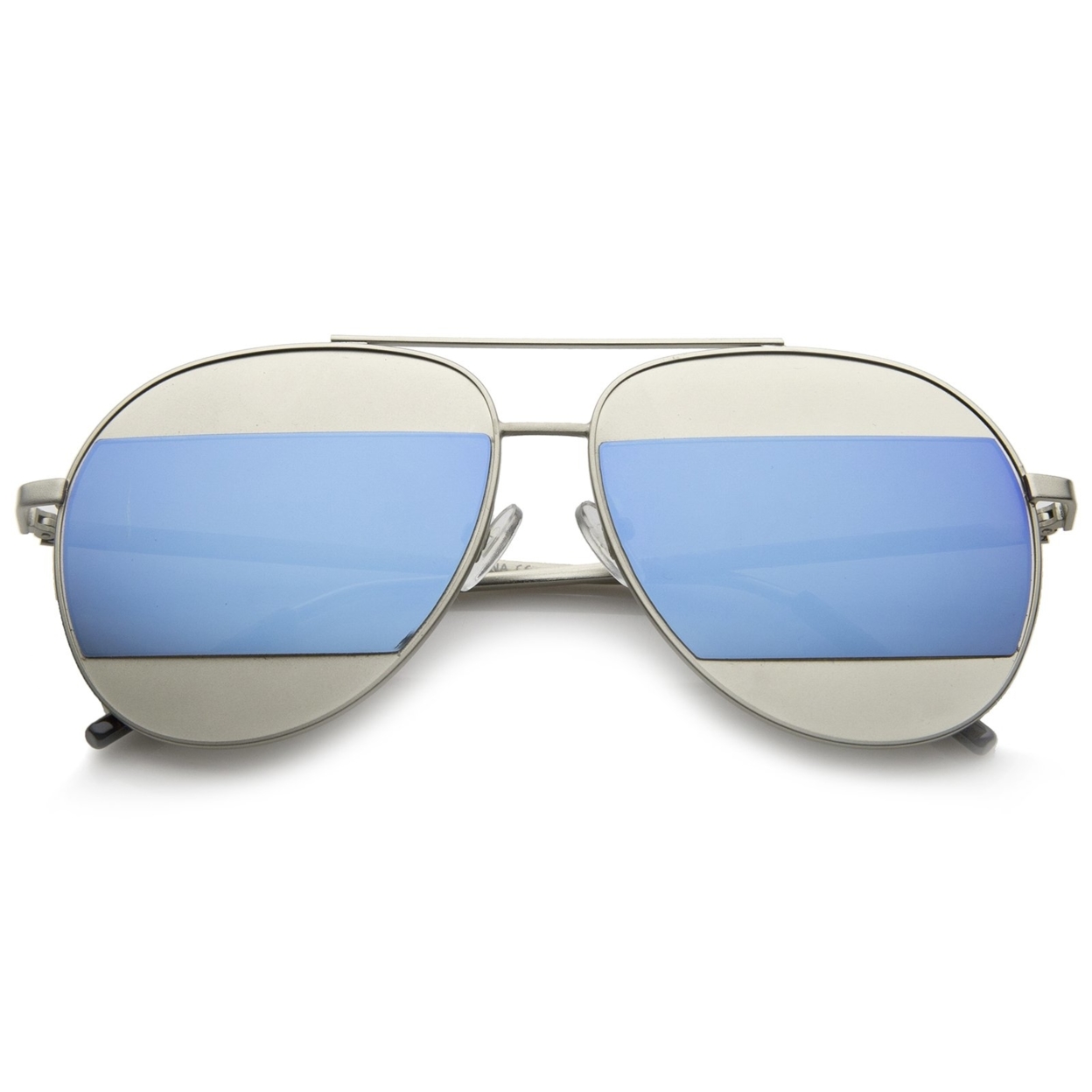 Two-Toned Matte Metal Brow Bar Color Split Mirror Lens Aviator Sunglasses 57mm - Silver / Purple Mirror