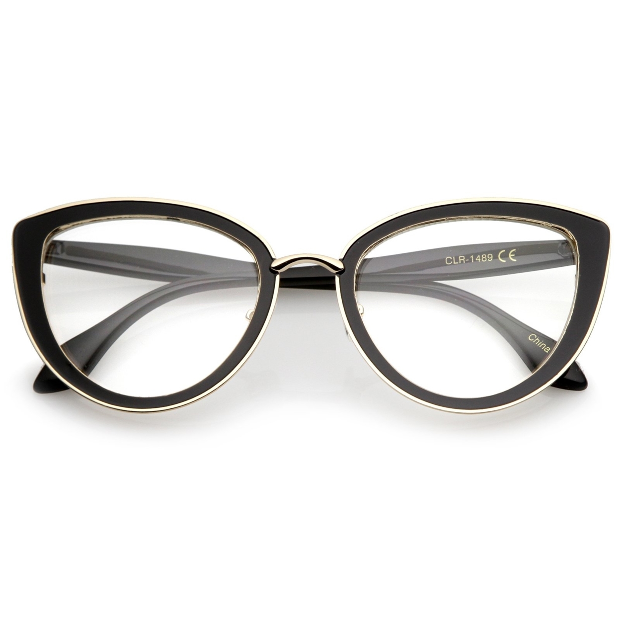 Women's High Sitting Temples Teardrop Clear Lens Cat Eye Glasses 53mm - Shiny Black-Gold-Black / Clear