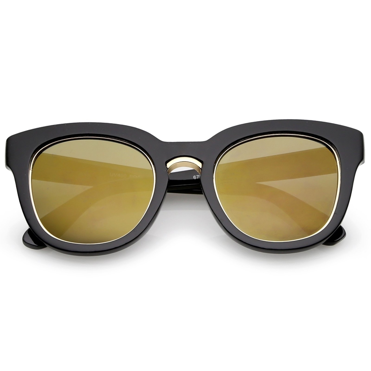 Women's Metal Bridge Trim Colored Mirror Flat Lens Cat Eye Sunglasses 50mm - Black-Gold / Gold Mirror
