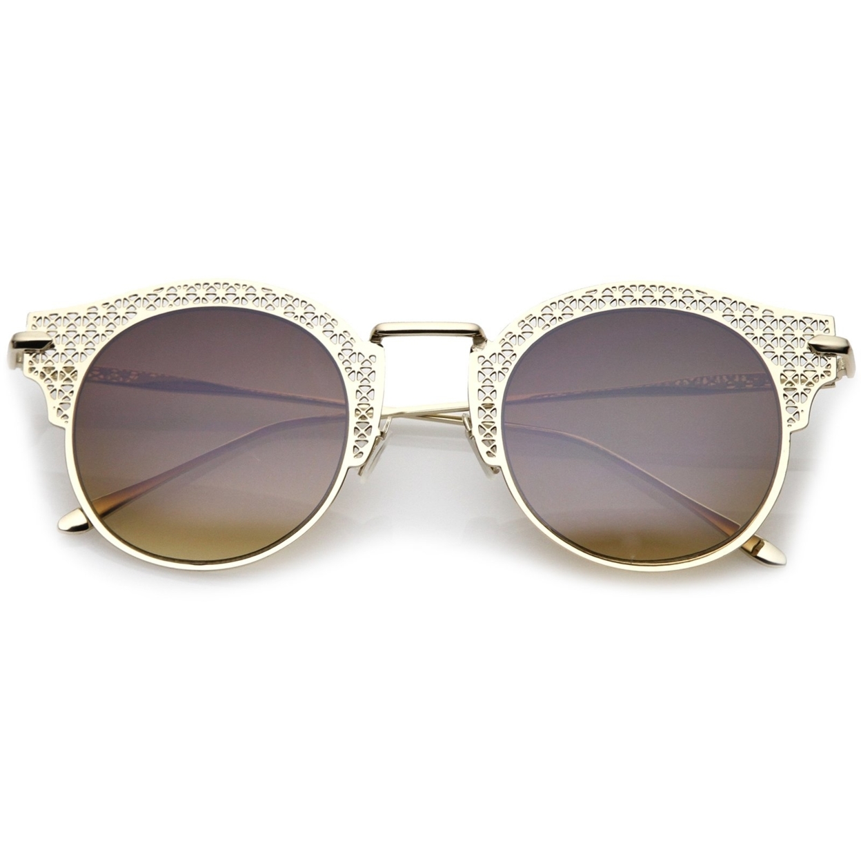 Women's Open Metal Cutout Slim Arm Round Flat Lens Half Frame Sunglasses 50mm - Matte Black / Silver Mirror