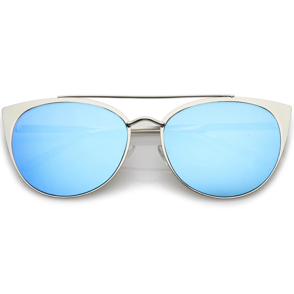 Women's Oversize Metal Crossbar Mirrored Flat Lens Cat Eye Sunglasses 61mm - Shiny Silver / Silver Mirror