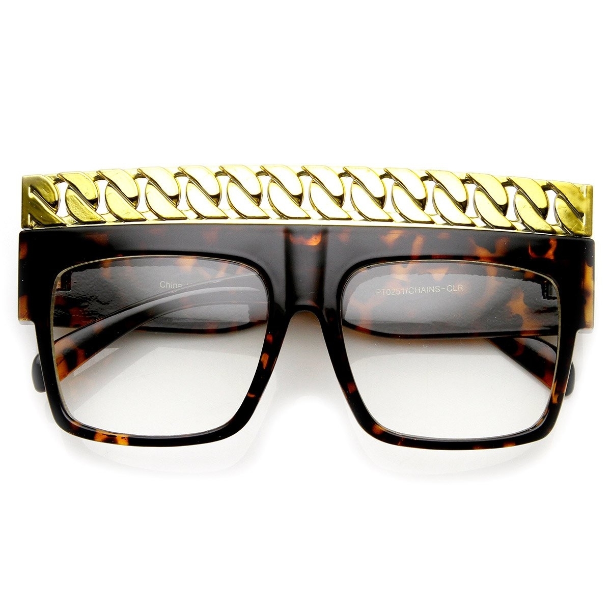 High Fashion Bold Chain Top Square Clear Lens Sunglasses - Shiny Black