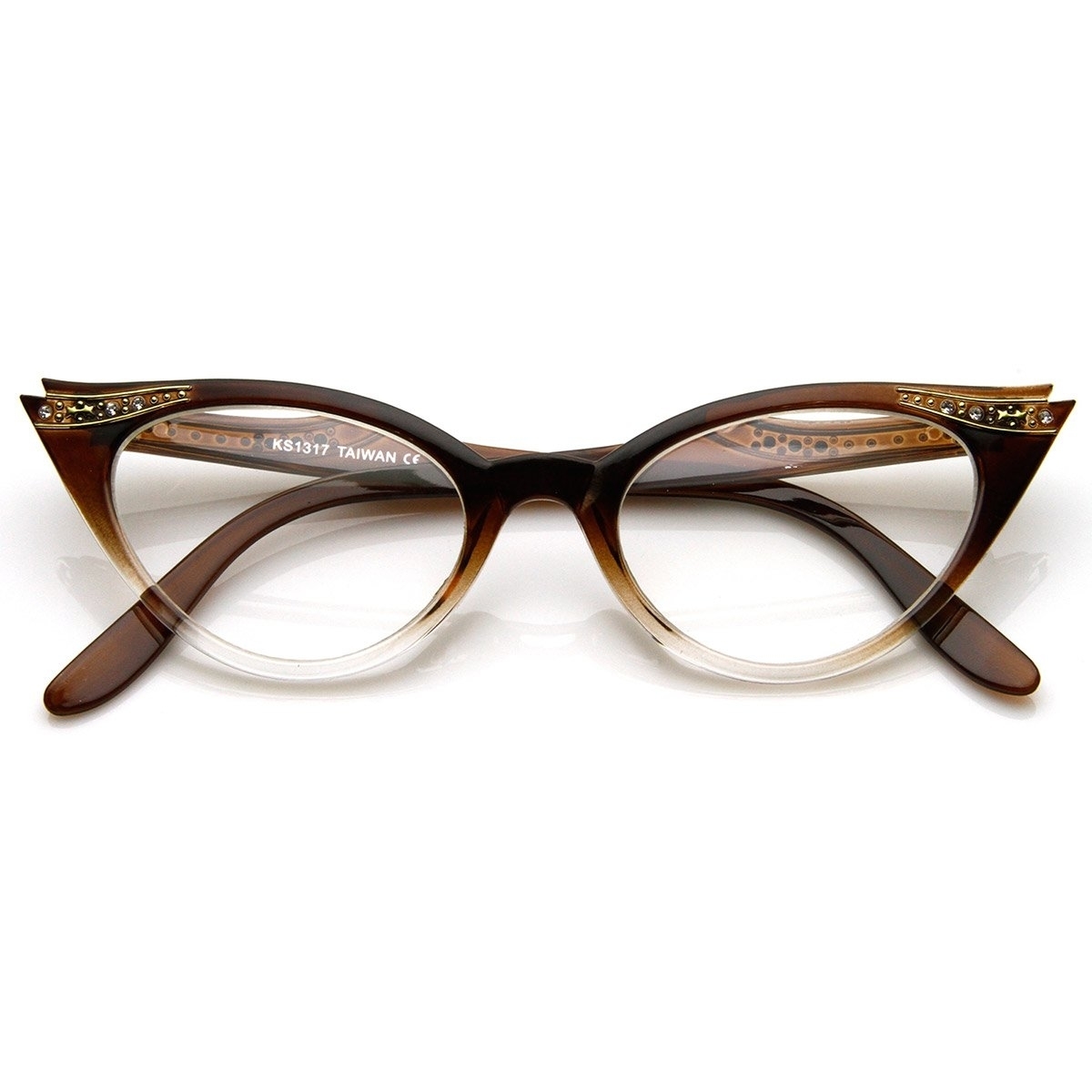 Womens Retro Fashion Clear Lens Cat Eye Glasses With Rhinestones - Brown