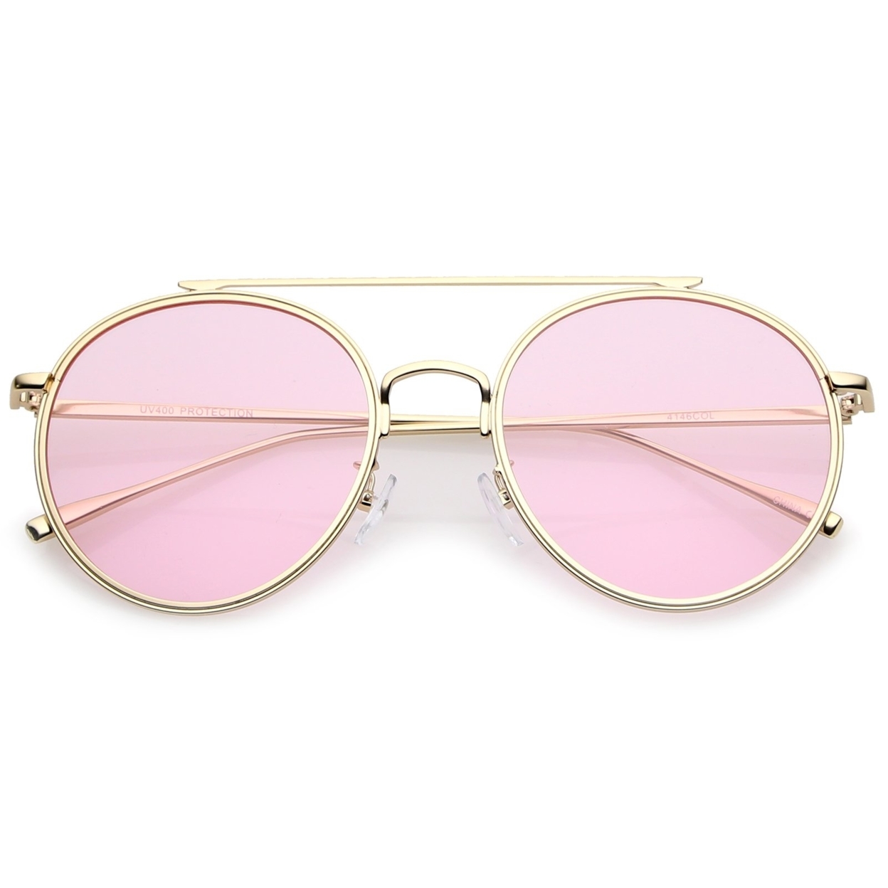 Modern Metal Crossbar Slim Temple Colored Flat Lens Round Aviator Sunglasses 54mm - Gold / Pink