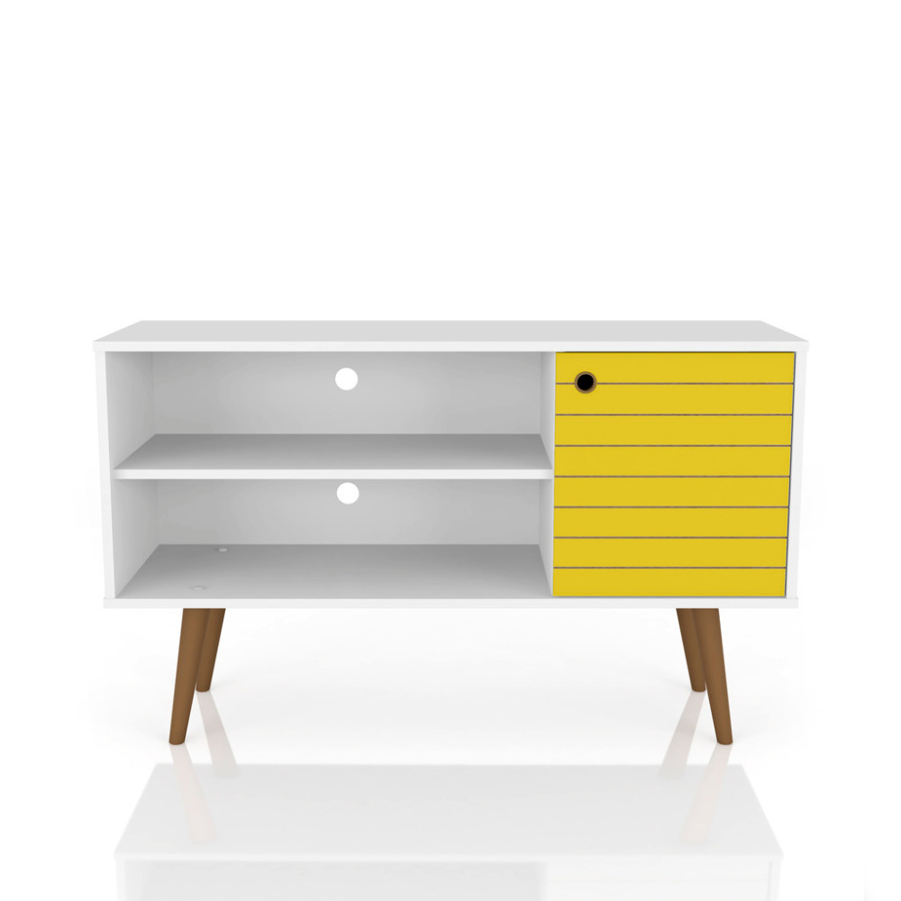 42.52" Mid Century - Modern TV Stand with 2 Shelves and 1 Door, White and Yellow