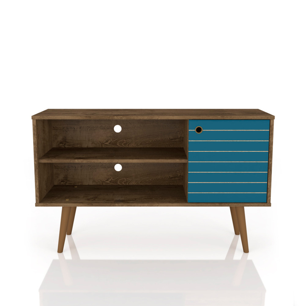 42.52" Mid Century - Modern TV Stand with 2 Shelves and 1 Door, Rustic Brown, Aqua Blue