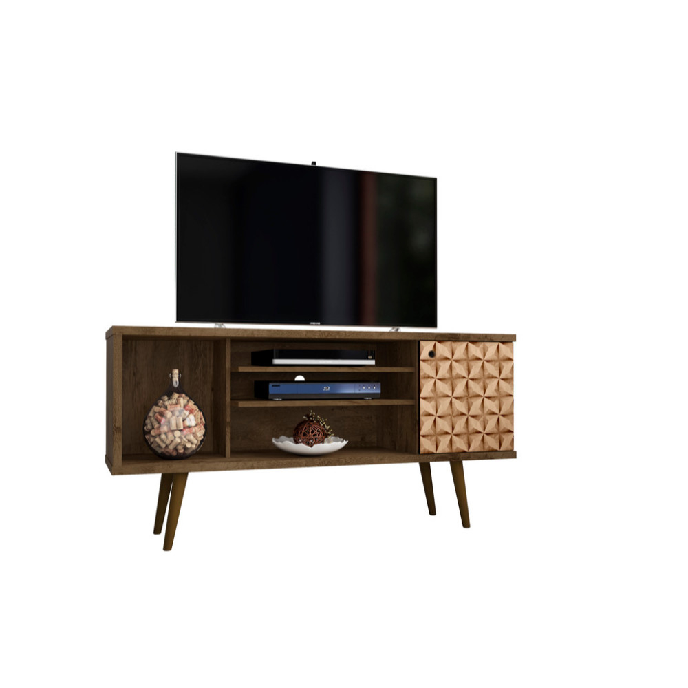 53.14" Mid Century - Modern TV Stand with 5 Shelves and 1 Door , Rustic Brown and Brown
