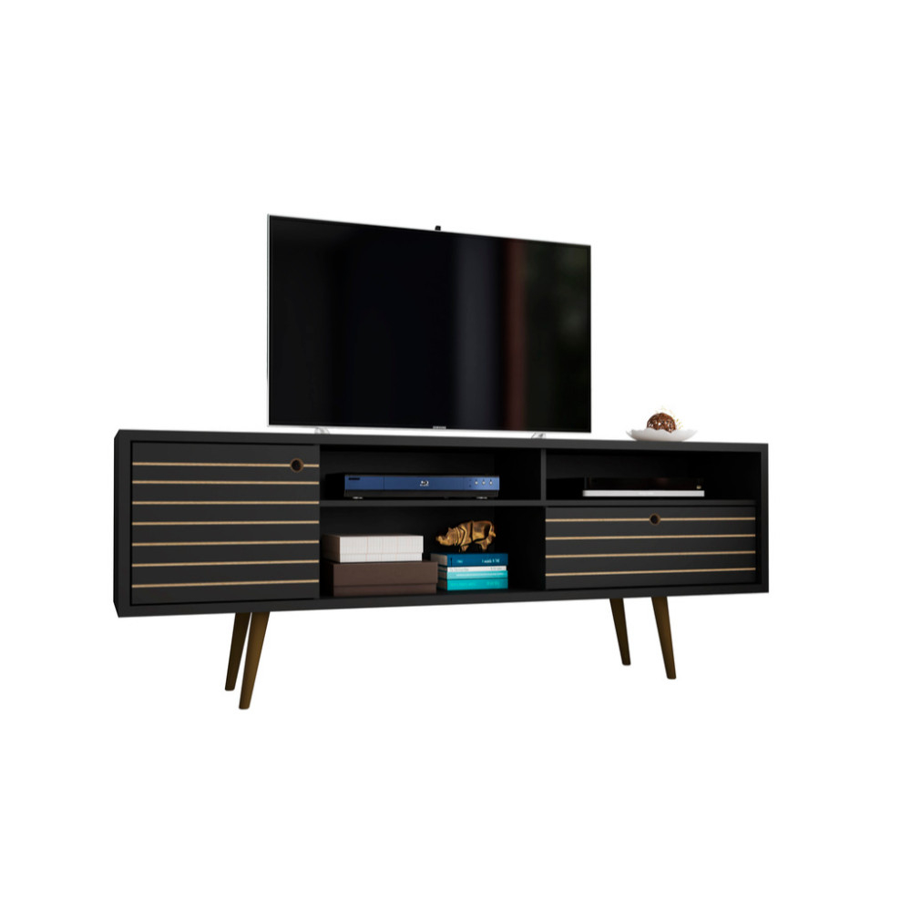 70.86" Mid Century - Modern TV Stand with 4 Shelving Spaces and 1 Drawer, Black