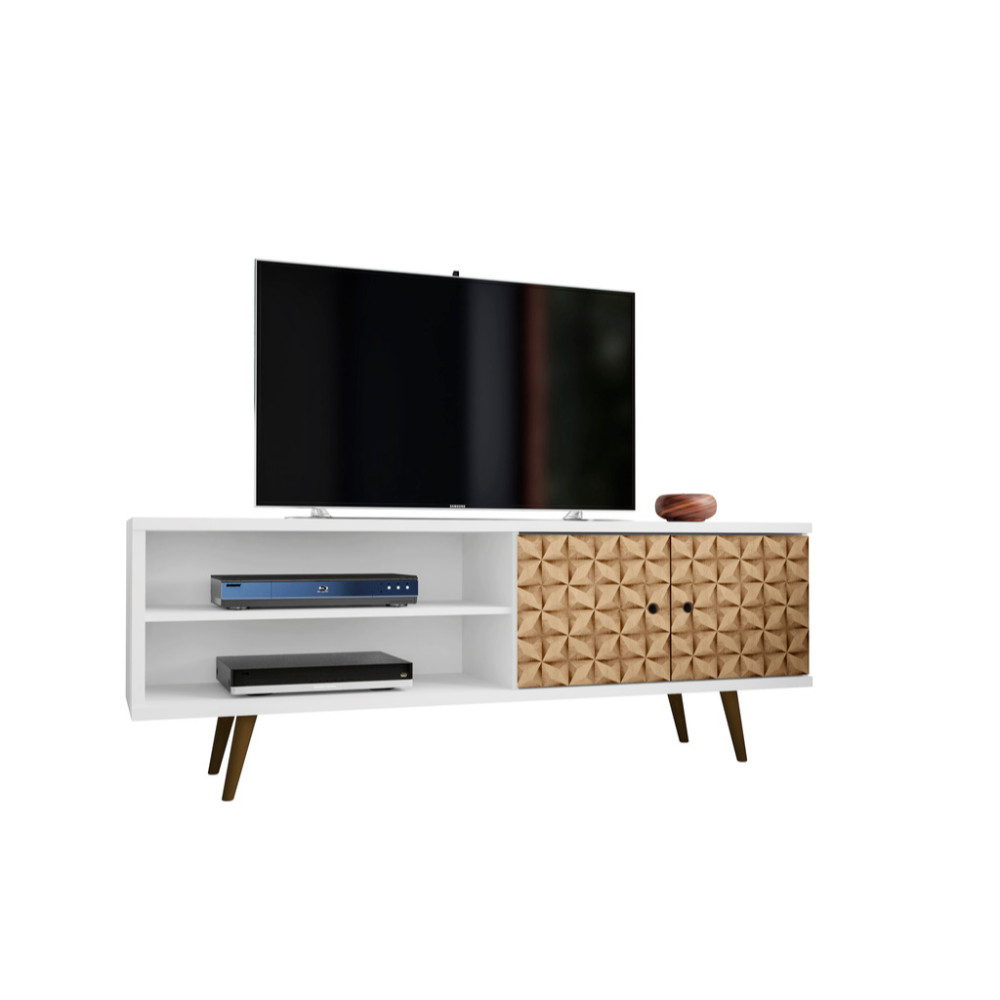 62.99" Mid Century - Modern TV Stand with 3 Shelves and 2 Doors, White and Brown
