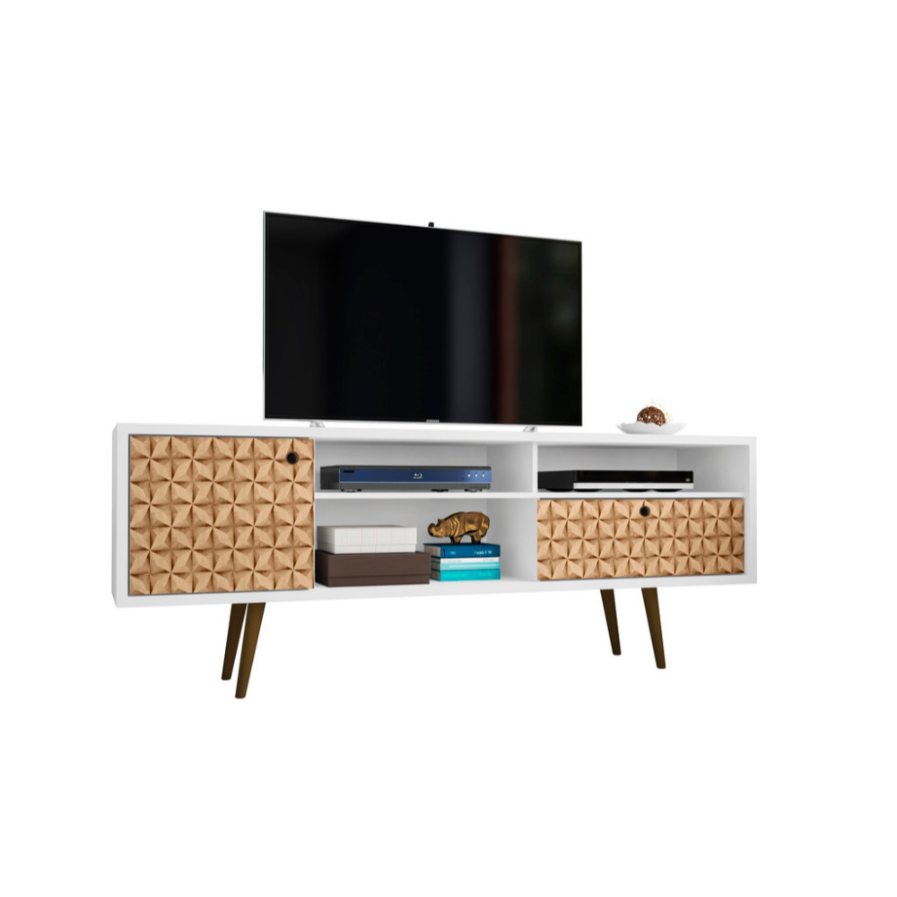70.86" Mid Century - Modern TV Stand with 4 Shelving Spaces and 1 Drawer, White, Brown