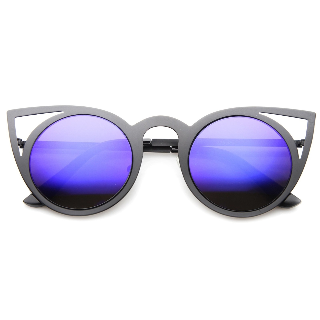 Womens Fashion Round Metal Cut-Out Flash Mirror Lens Cat Eye Sunglasses - Black / Yellow Mirror