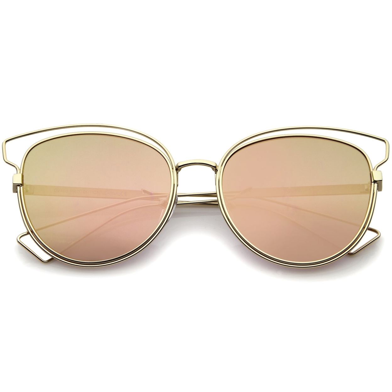 Womens Fashion Open Metal Frame Mirrored Lens Cat Eye Sunglasses 55mm - Gold / Pink Mirror