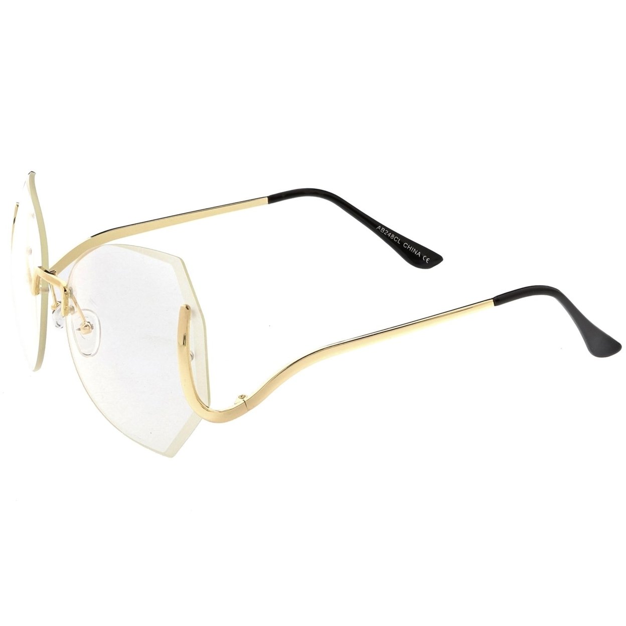 Oversize Beveled Butterfly Rimless Round Glasses Curved Metal Arms Clear Lens 60mm - Gold / Clear