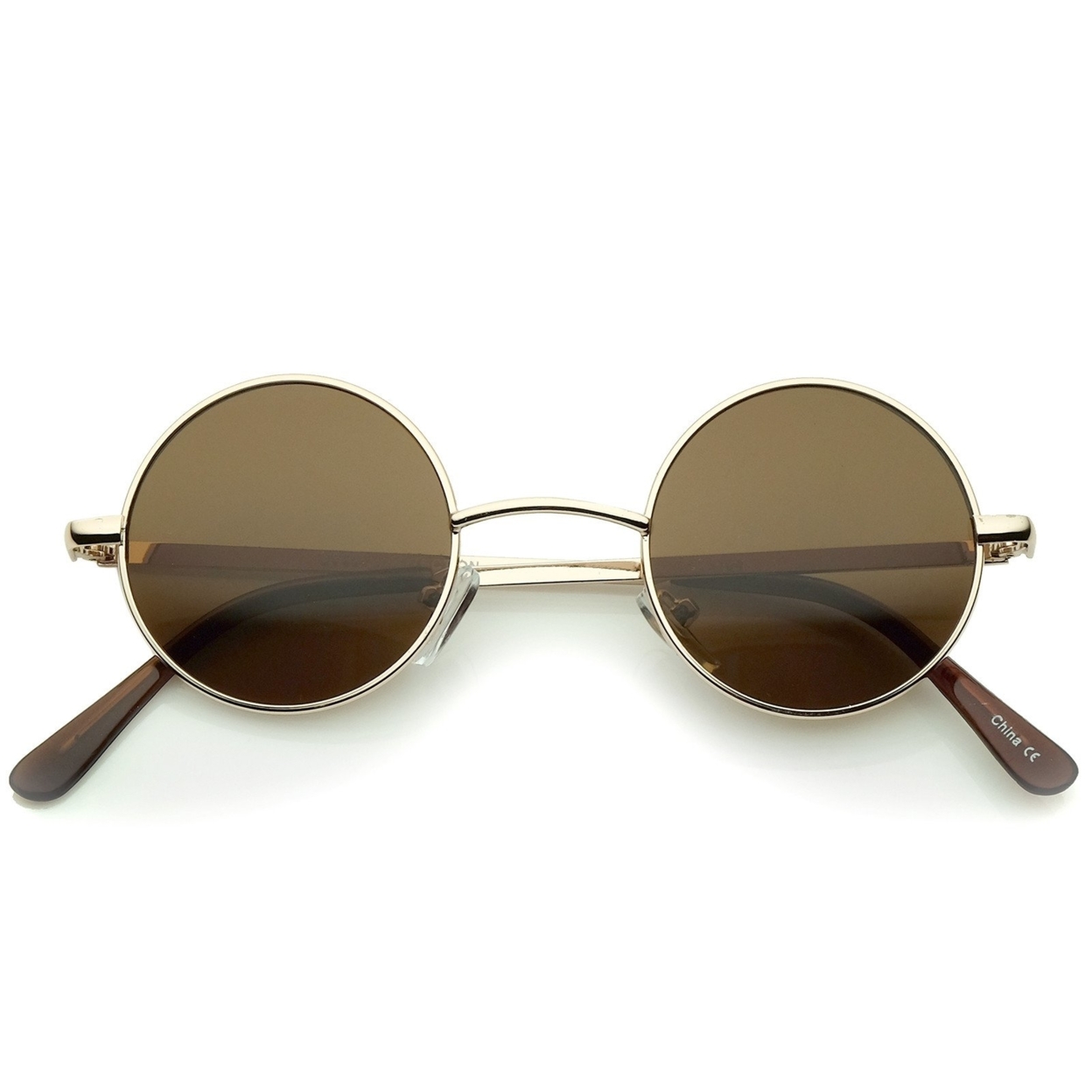 Small Retro Lennon Inspired Style Neutral-Colored Lens Round Metal Sunglasses 41mm - Gold / Amber