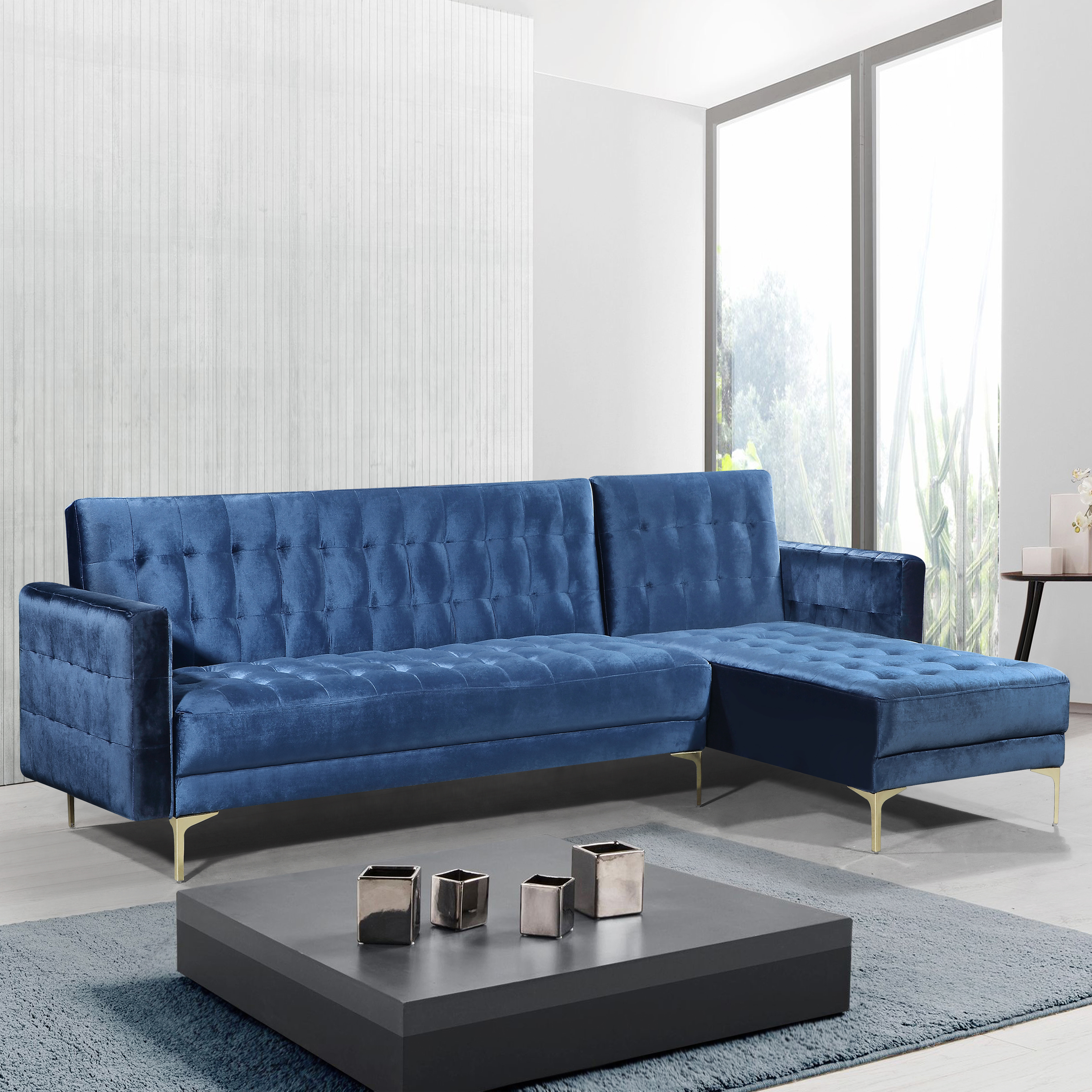 Gerwyn Right Facing Convertible Sectional Sofa Velvet Upholstered Gold Tone Metal Y-Leg - Navy