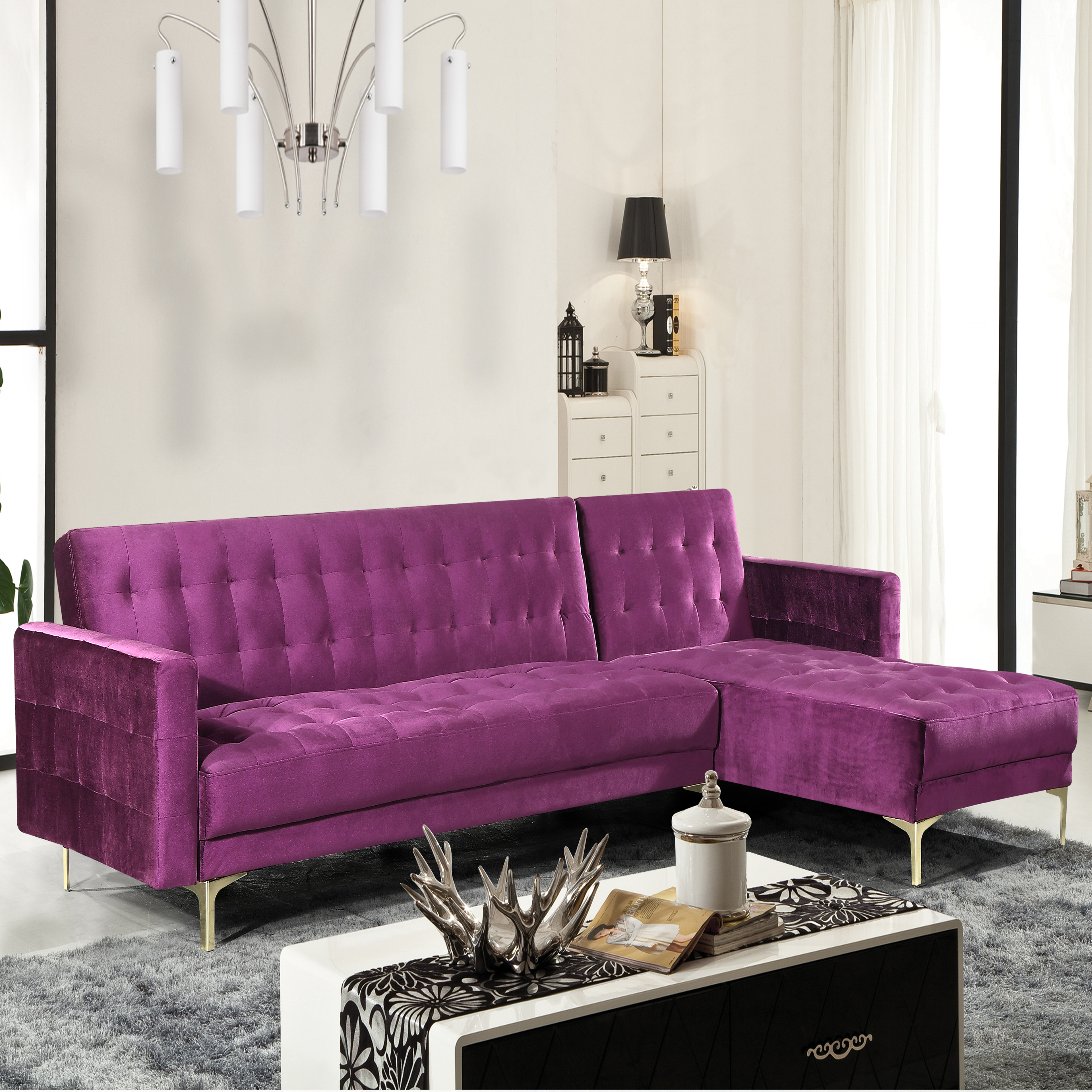 Gerwyn Right Facing Convertible Sectional Sofa Velvet Upholstered Gold Tone Metal Y-Leg - Silver