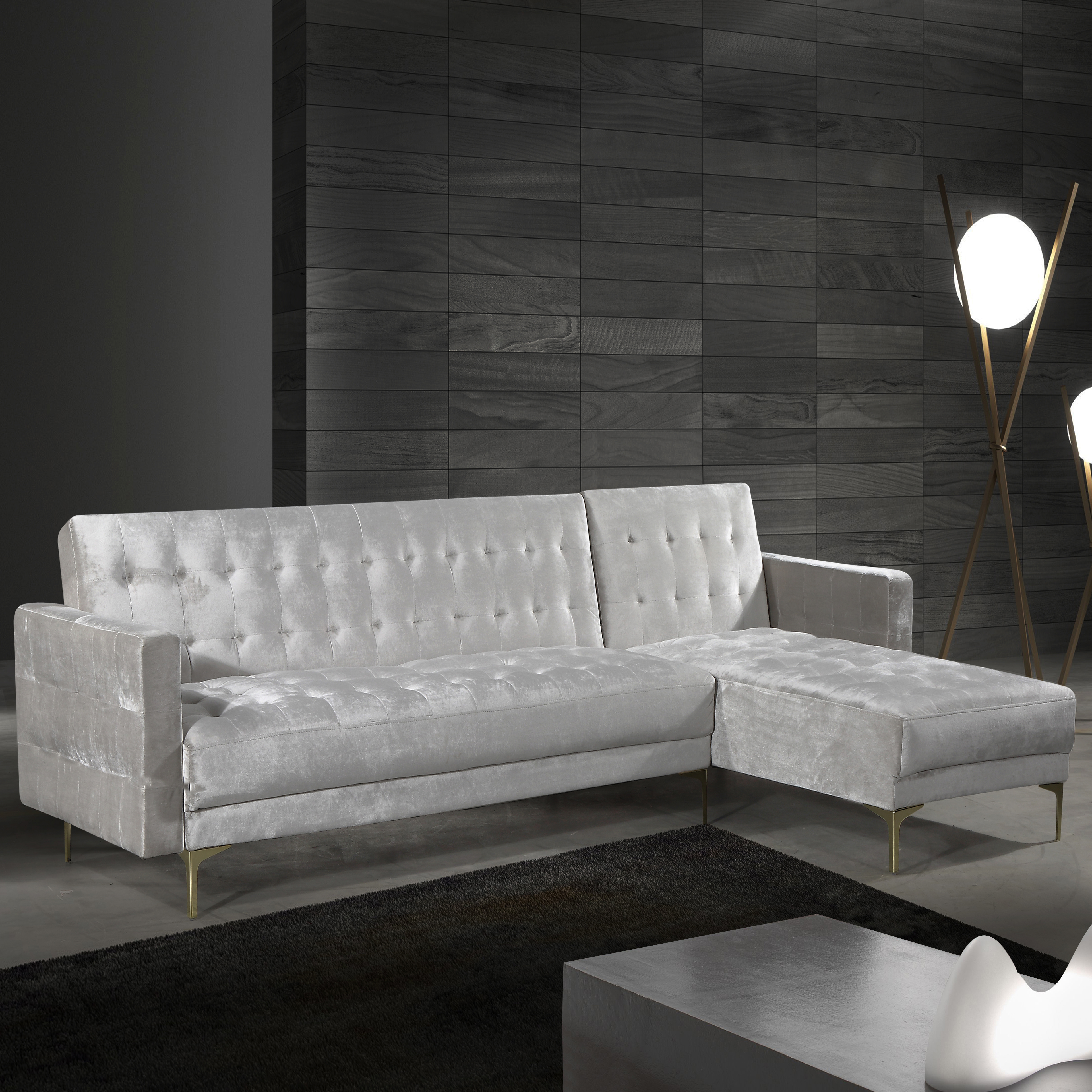 Gerwyn Right Facing Convertible Sectional Sofa Velvet Upholstered Gold Tone Metal Y-Leg - Silver