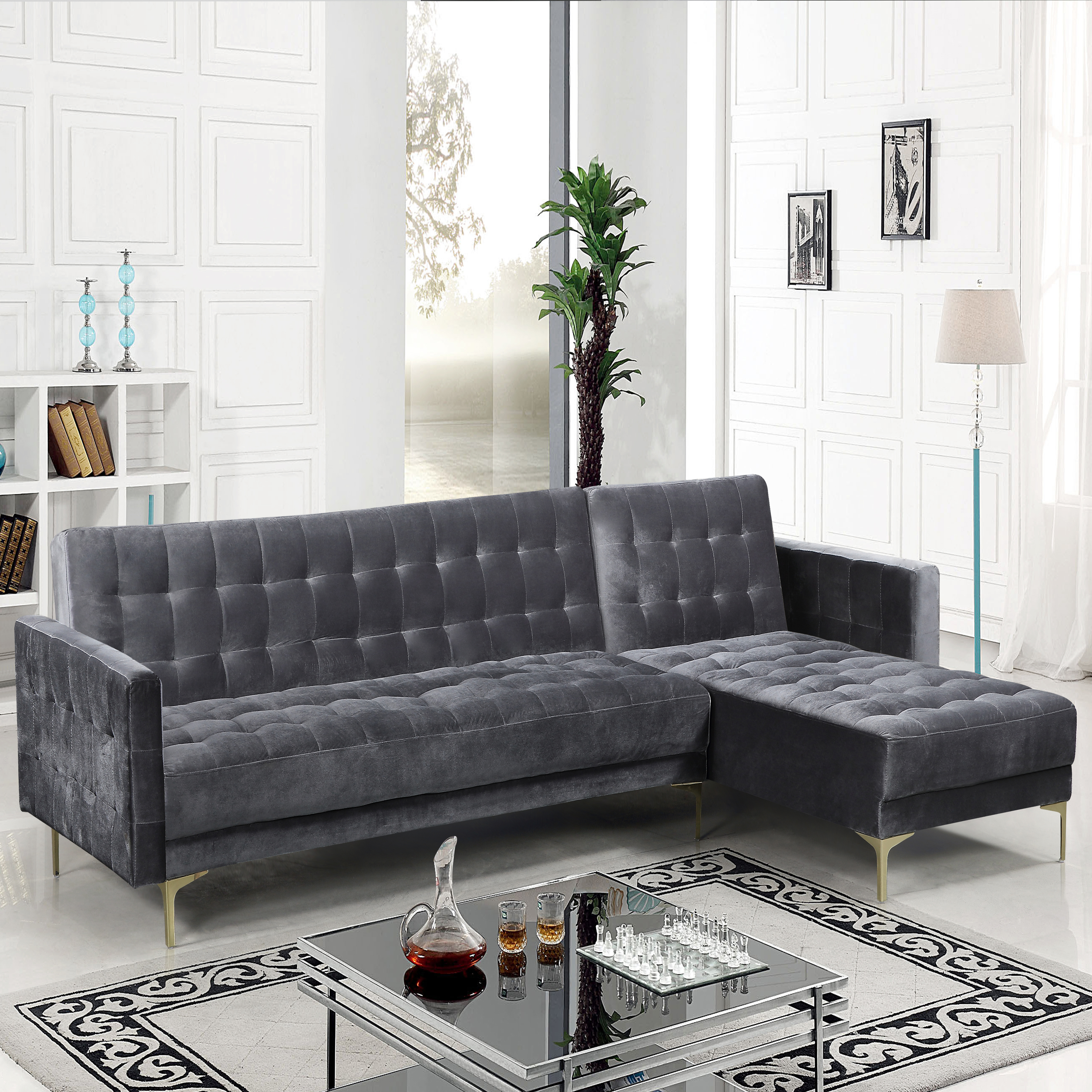 Gerwyn Right Facing Convertible Sectional Sofa Velvet Upholstered Gold Tone Metal Y-Leg - Grey