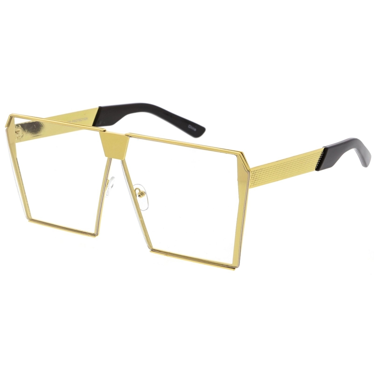 Modern Oversize Semi Rimless Square Eyeglasses With Clear Flat Lens 69mm - Yellow Gold / Clear